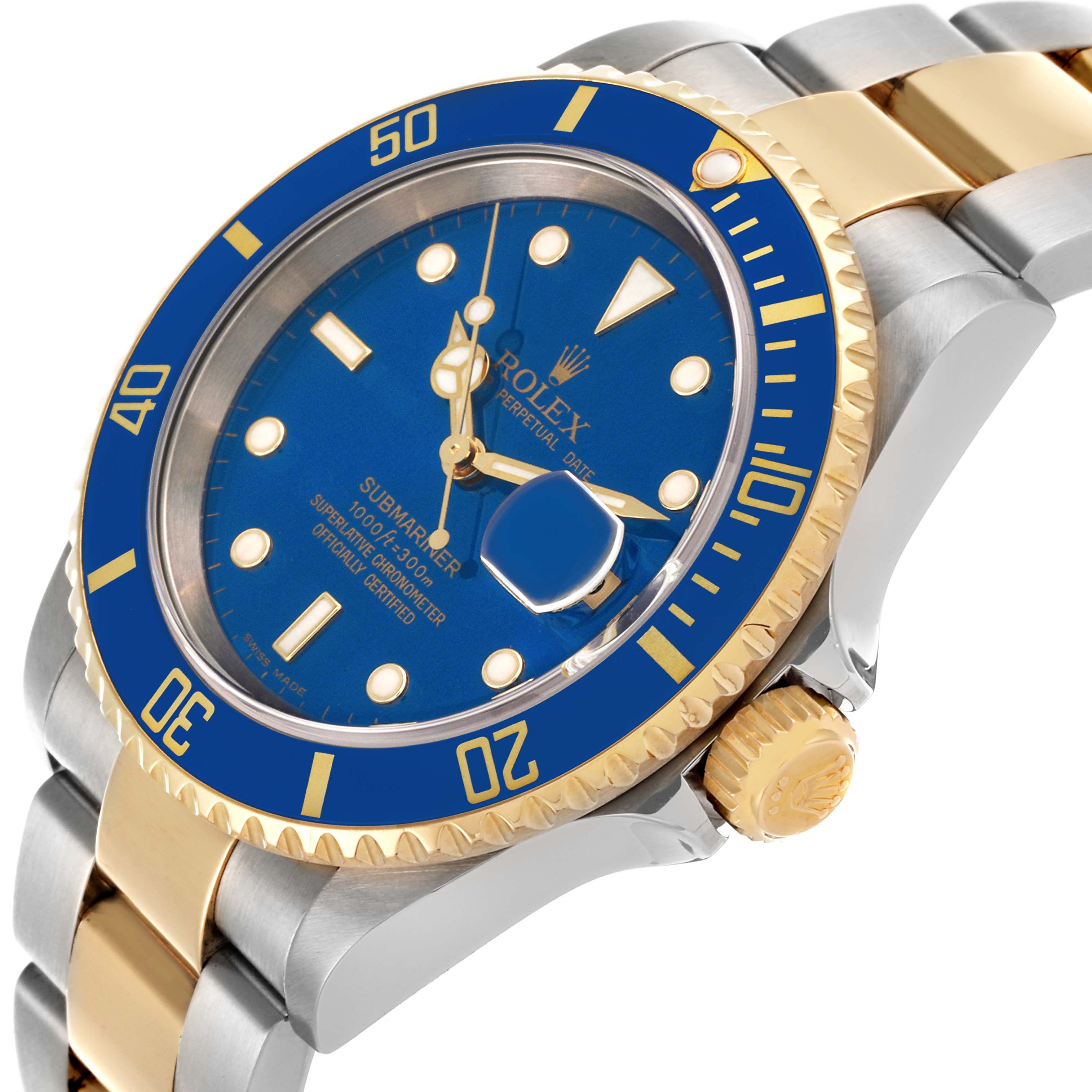 The Rolex Submariner 16613 Men's Steel and Gold (two tone) Blue Dial 16613 Men's Steel and Gold (two tone) Blue Dial watch is shown at a three-quarter angle, displaying the blue dial, bezel, crown, and part of the bracelet.