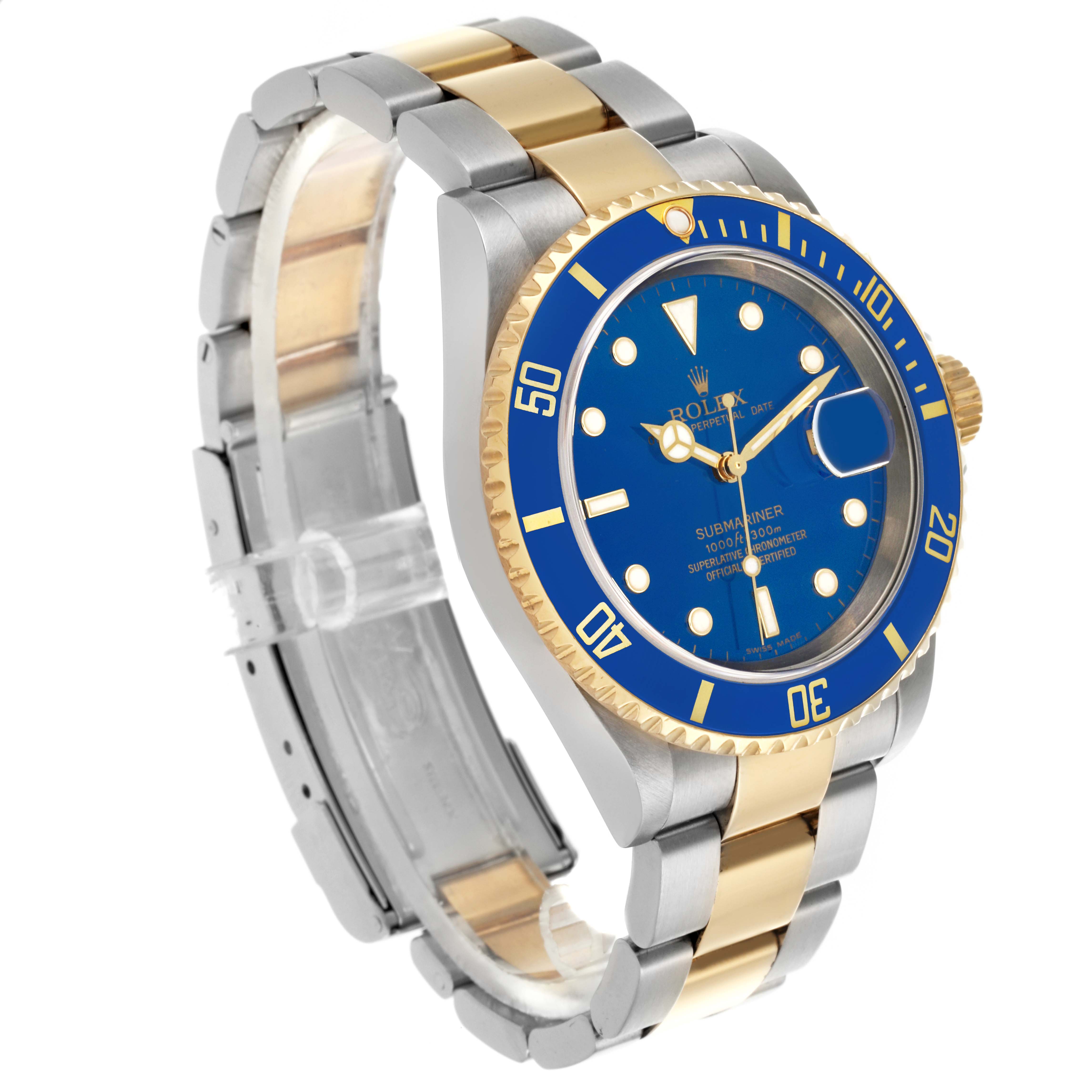 The Rolex Submariner 16613 Men's Steel and Gold (two tone) Blue Dial 16613 Men's Steel and Gold (two tone) Blue Dial watch is shown from a three-quarter angle, highlighting its blue dial, bezel, and two-tone bracelet.