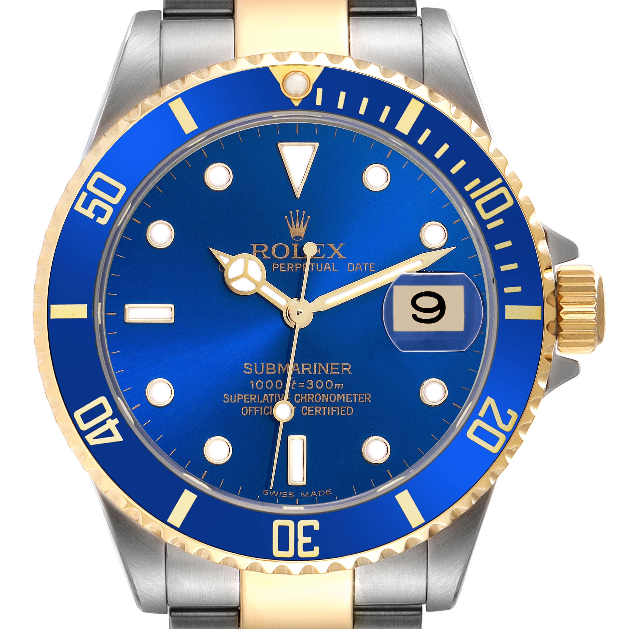 The image shows a frontal view of the Rolex Submariner 16613 Men's Steel and Gold (two tone) Blue Dial 16613 Men's Steel and Gold (two tone) Blue Dial watch, highlighting the dial, bezel, and crown.