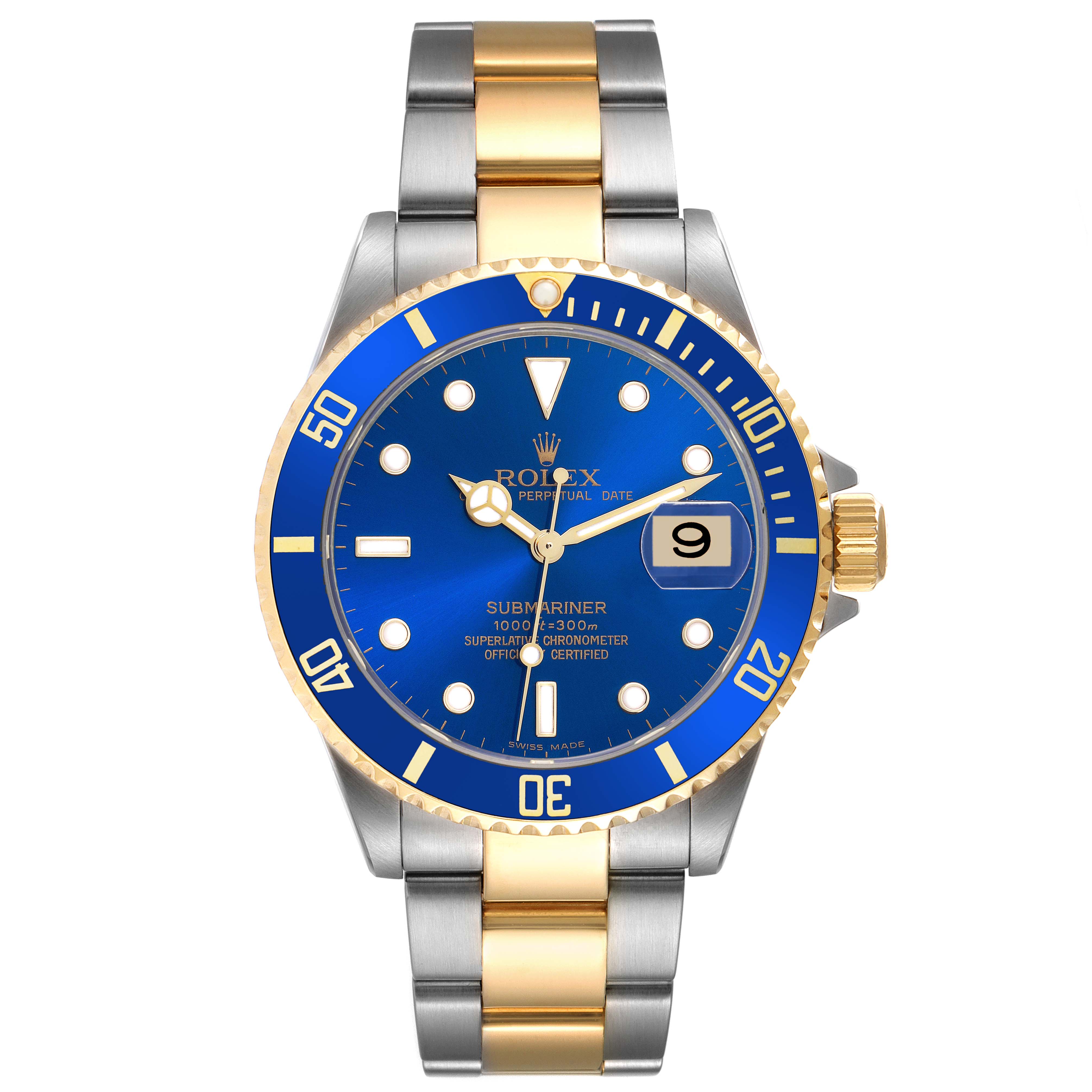 The Rolex Submariner 16613 Men's Steel and Gold (two tone) Blue Dial 16613 Men's Steel and Gold (two tone) Blue Dial watch is shown from a front angle, highlighting its blue dial, bezel, and two-tone bracelet.