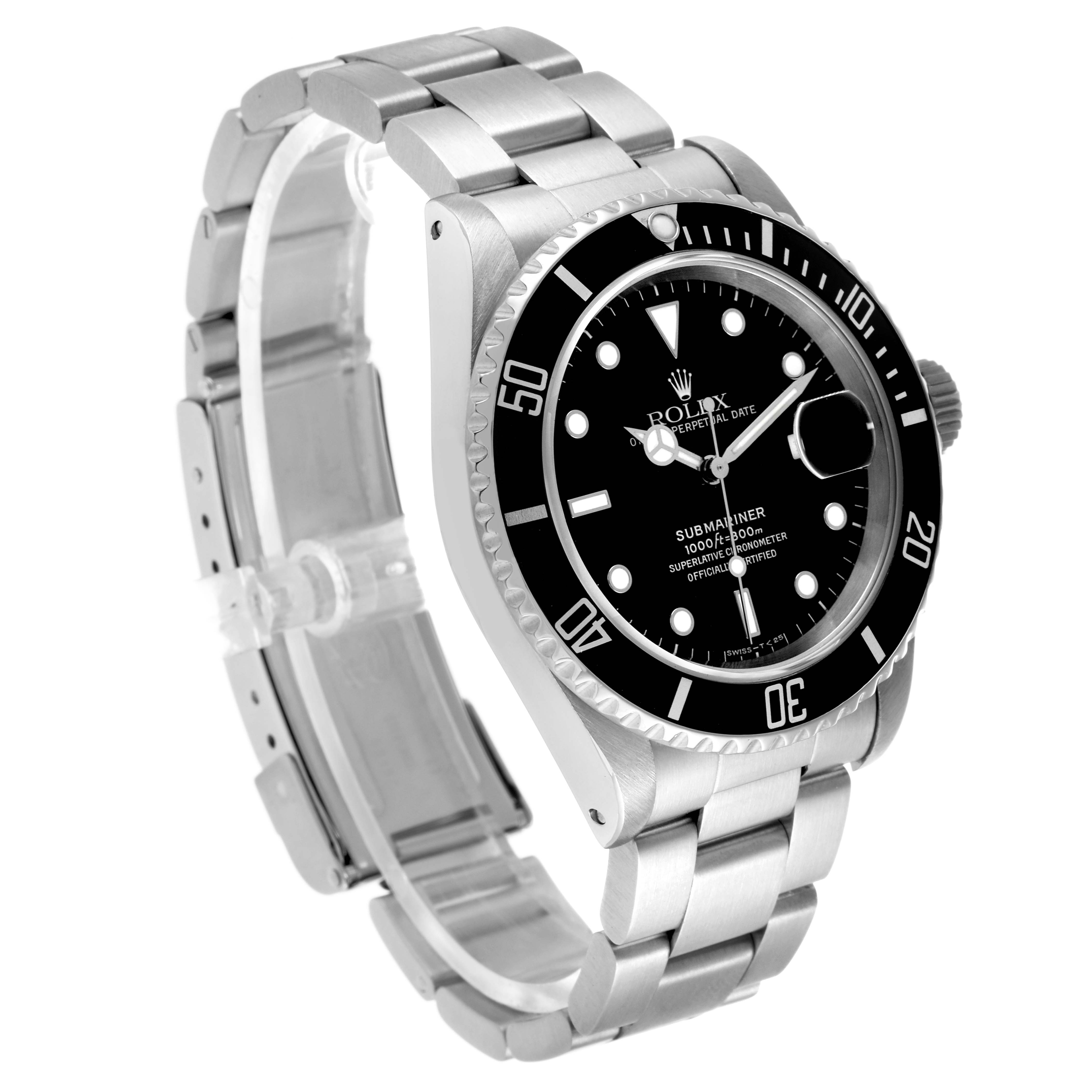 The Rolex Submariner 16610 Men's Stainless Steel Black Dial watch is shown at a three-quarter angle, displaying the bracelet, dial, and bezel clearly.