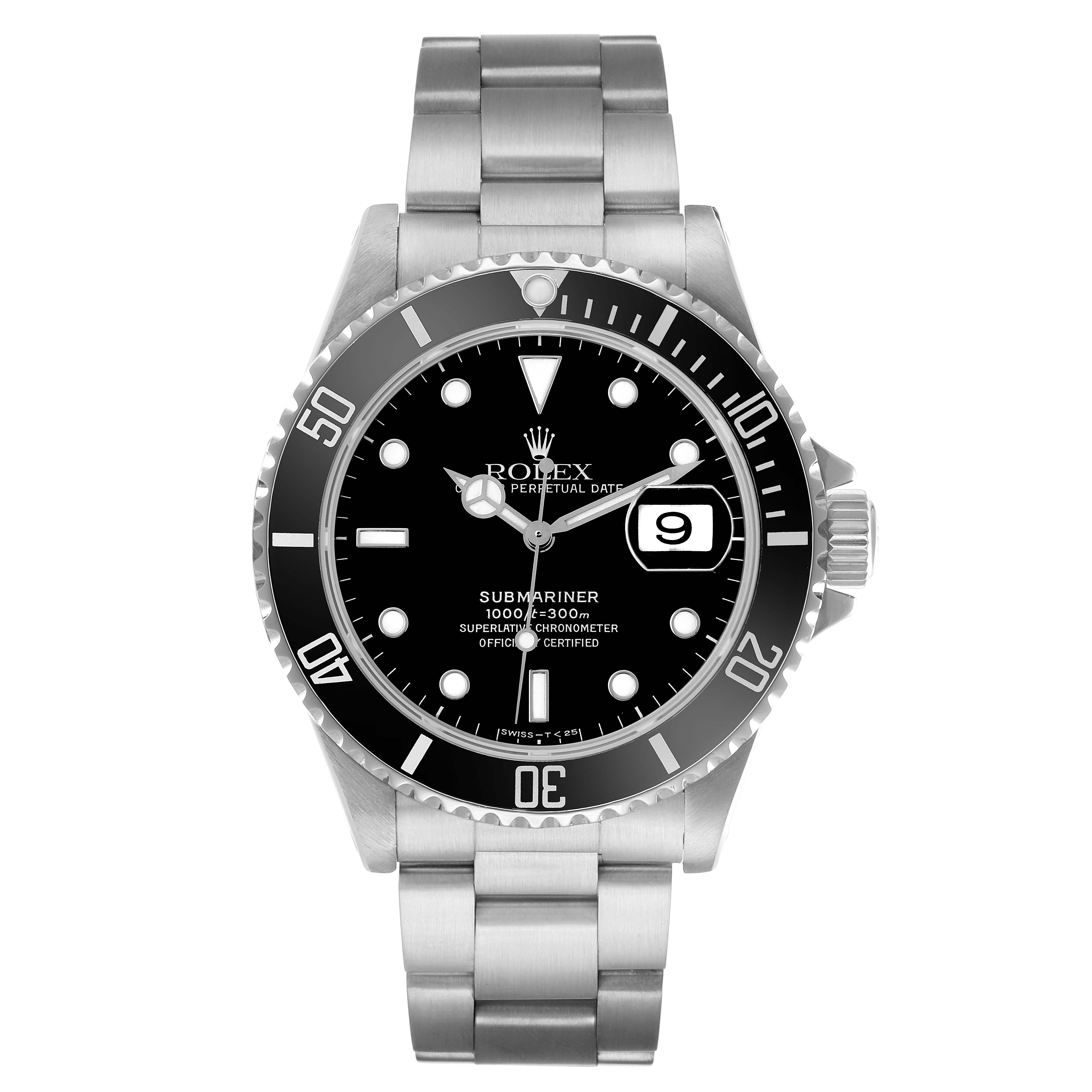 The Rolex Submariner 16610 Men's Stainless Steel Black Dial watch is shown from a front angle, displaying its face and stainless steel bracelet.