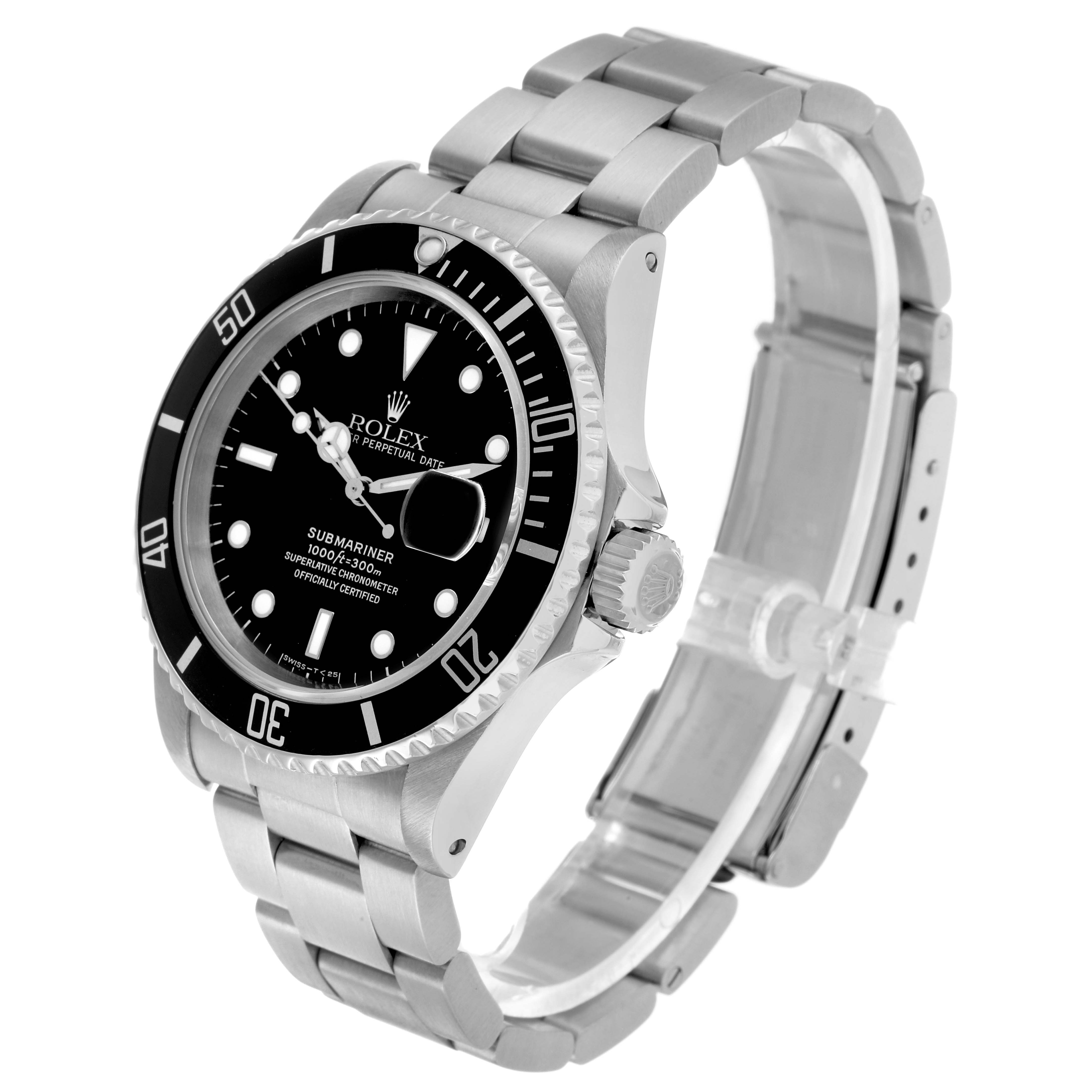 The Rolex Submariner 16610 Men's Stainless Steel Black Dial watch is shown at a three-quarter angle, highlighting the face, bezel, crown, and metal bracelet.