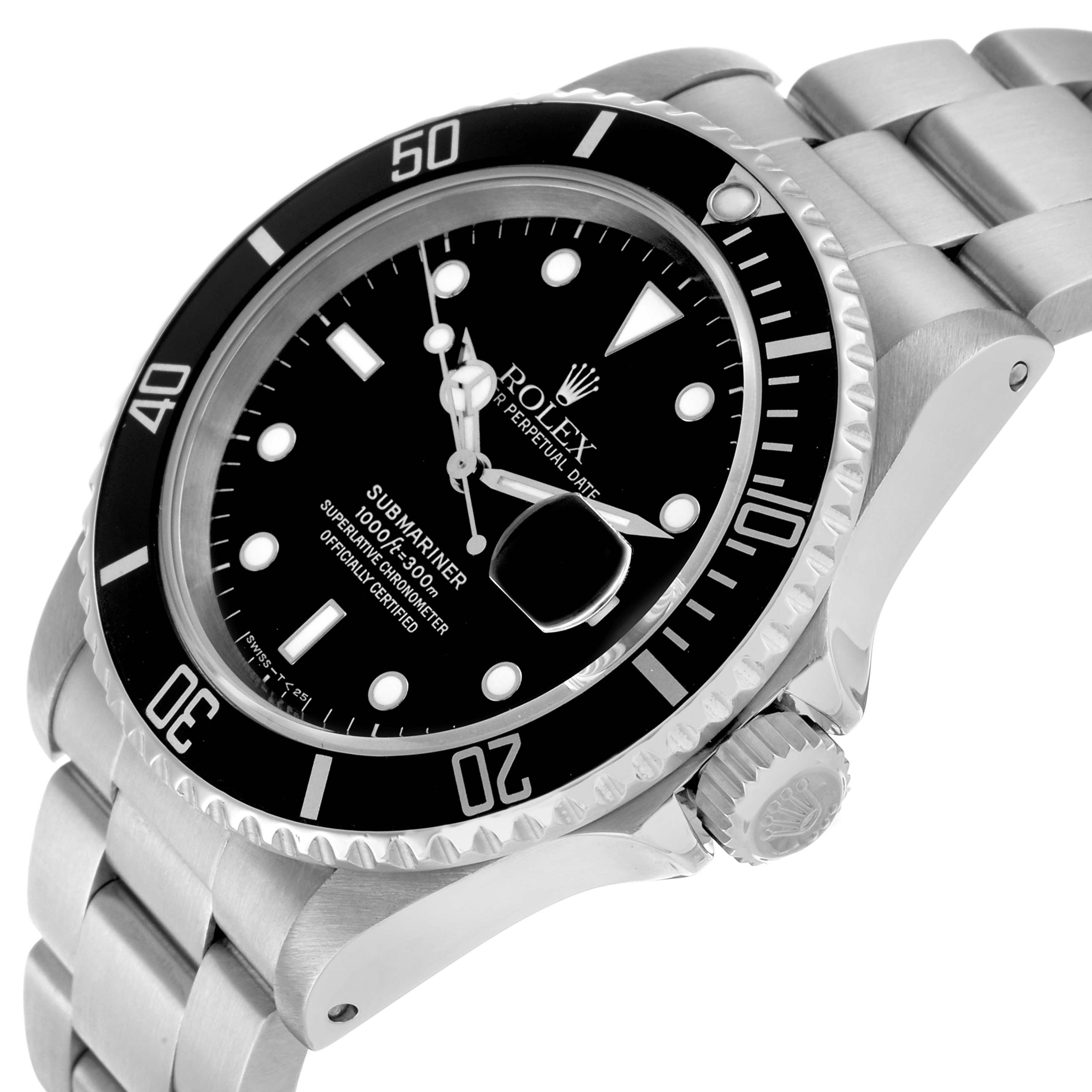 The Rolex Submariner 16610 Men's Stainless Steel Black Dial is angled showcasing the dial, bezel, case side, and bracelet links.
