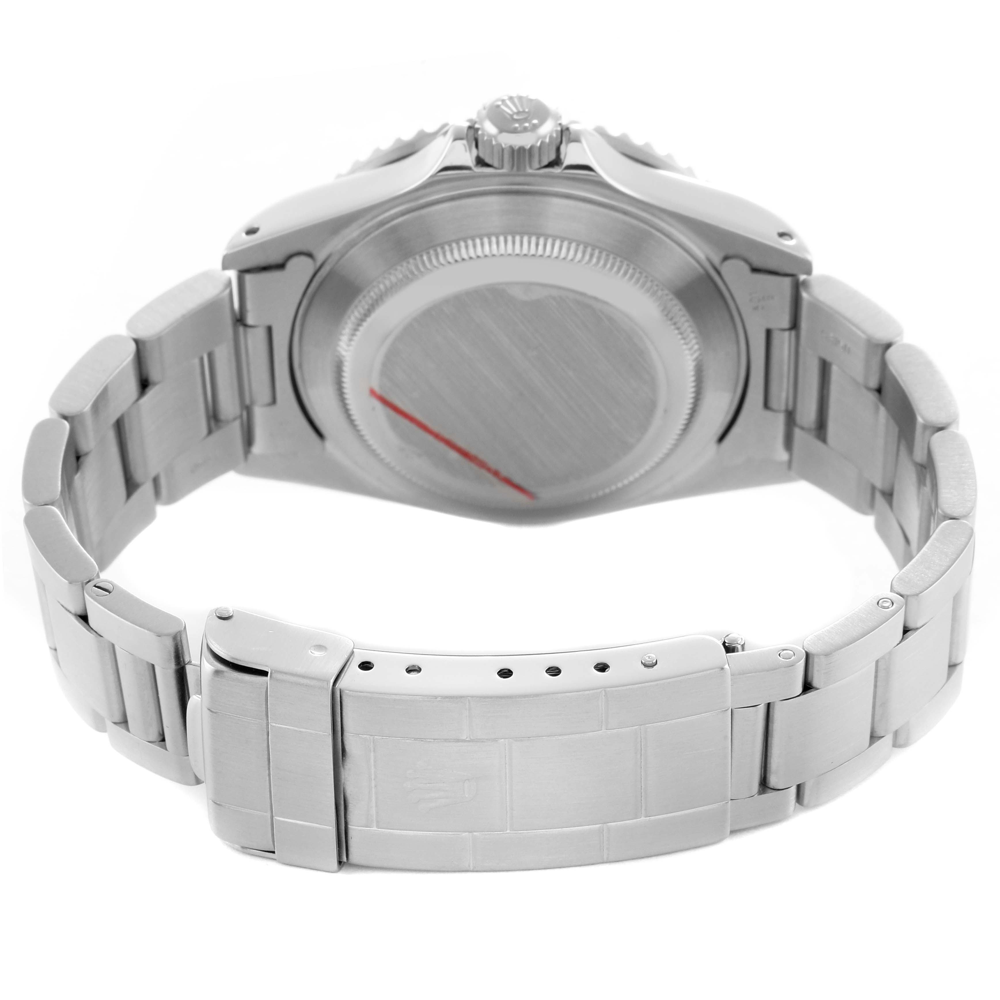 The image shows the back of a Rolex Submariner 16610 Men's Stainless Steel Black Dial watch with a focus on the case back, bracelet, and clasp.