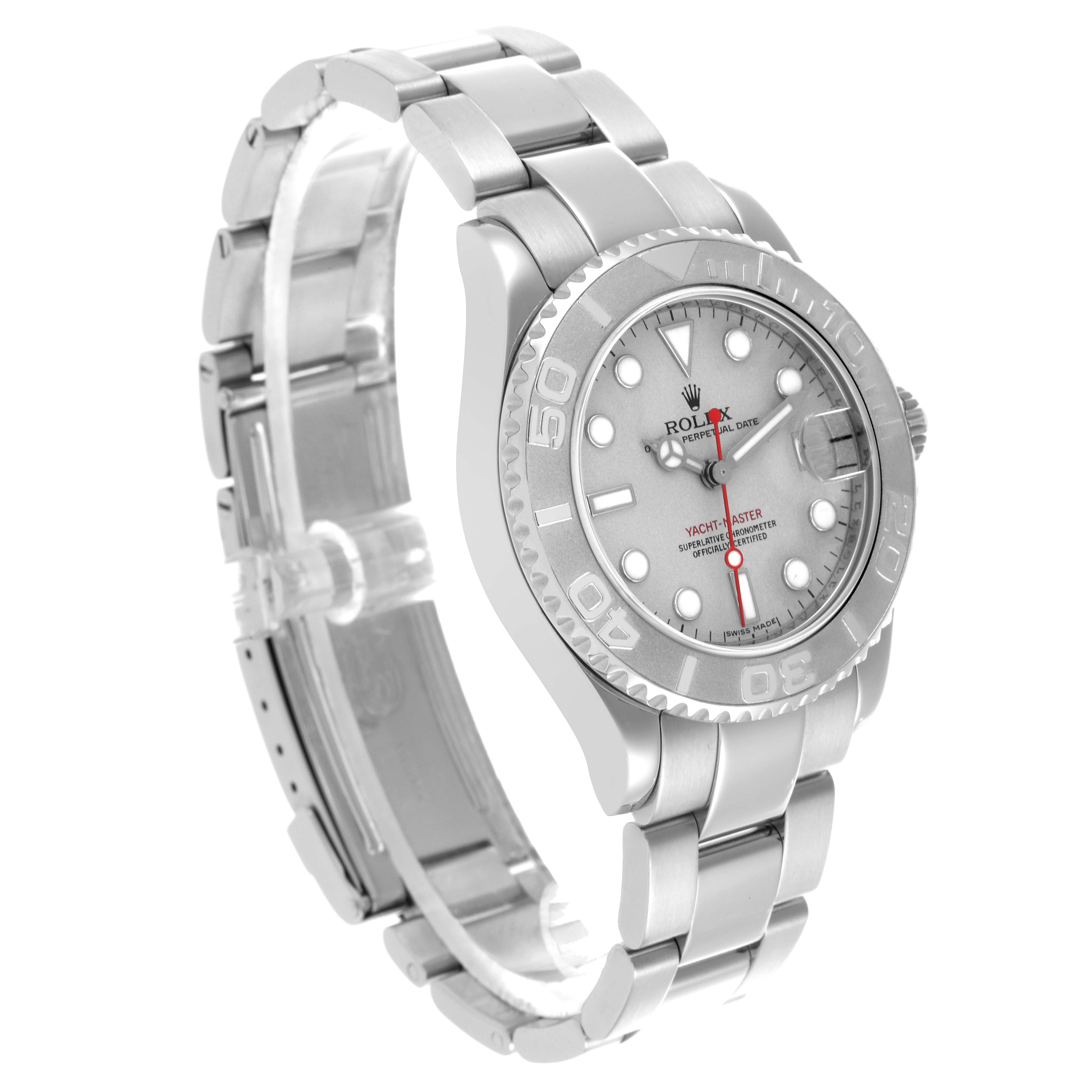 The Rolex Yacht-Master 168622 Men's Stainless Steel Silver Dial 168622 Men's Stainless Steel Silver Dial watch is shown at a three-quarter angle, displaying the face, bezel, and bracelet.