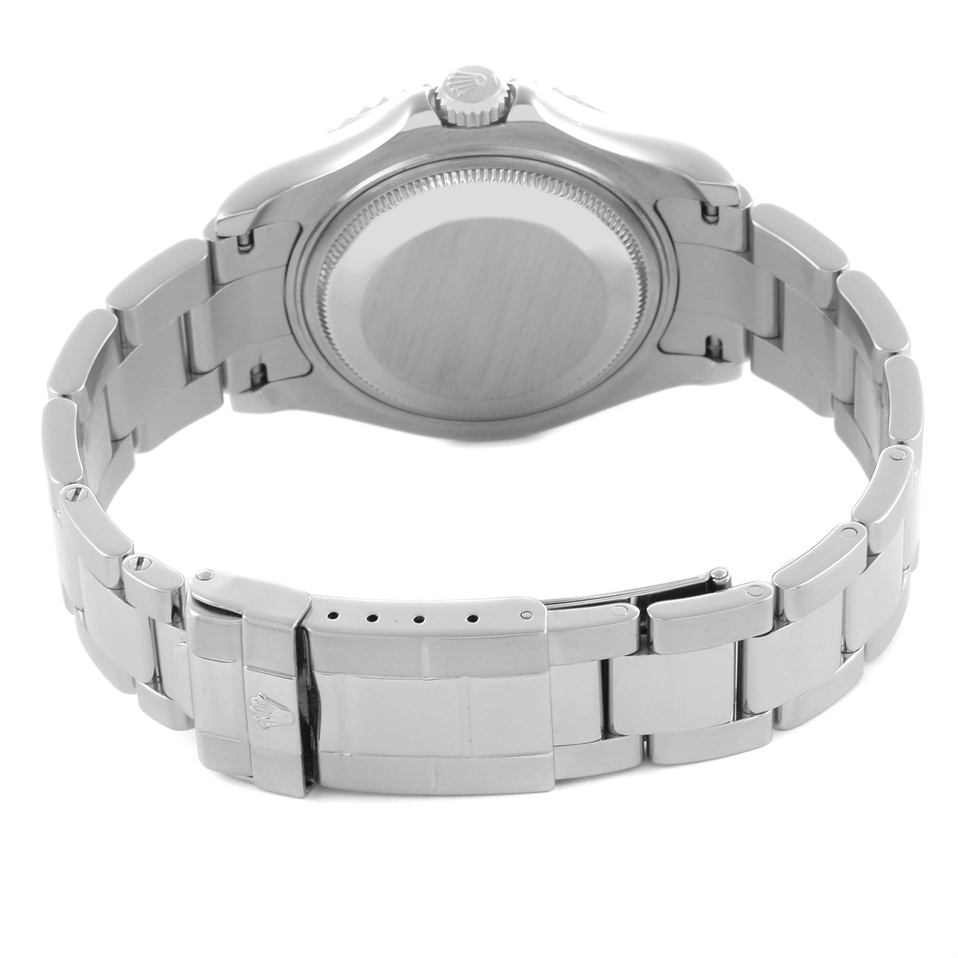 The image shows the back of the Rolex Yacht-Master 168622 Men's Stainless Steel Silver Dial 168622 Men's Stainless Steel Silver Dial watch, focusing on the case back and bracelet.