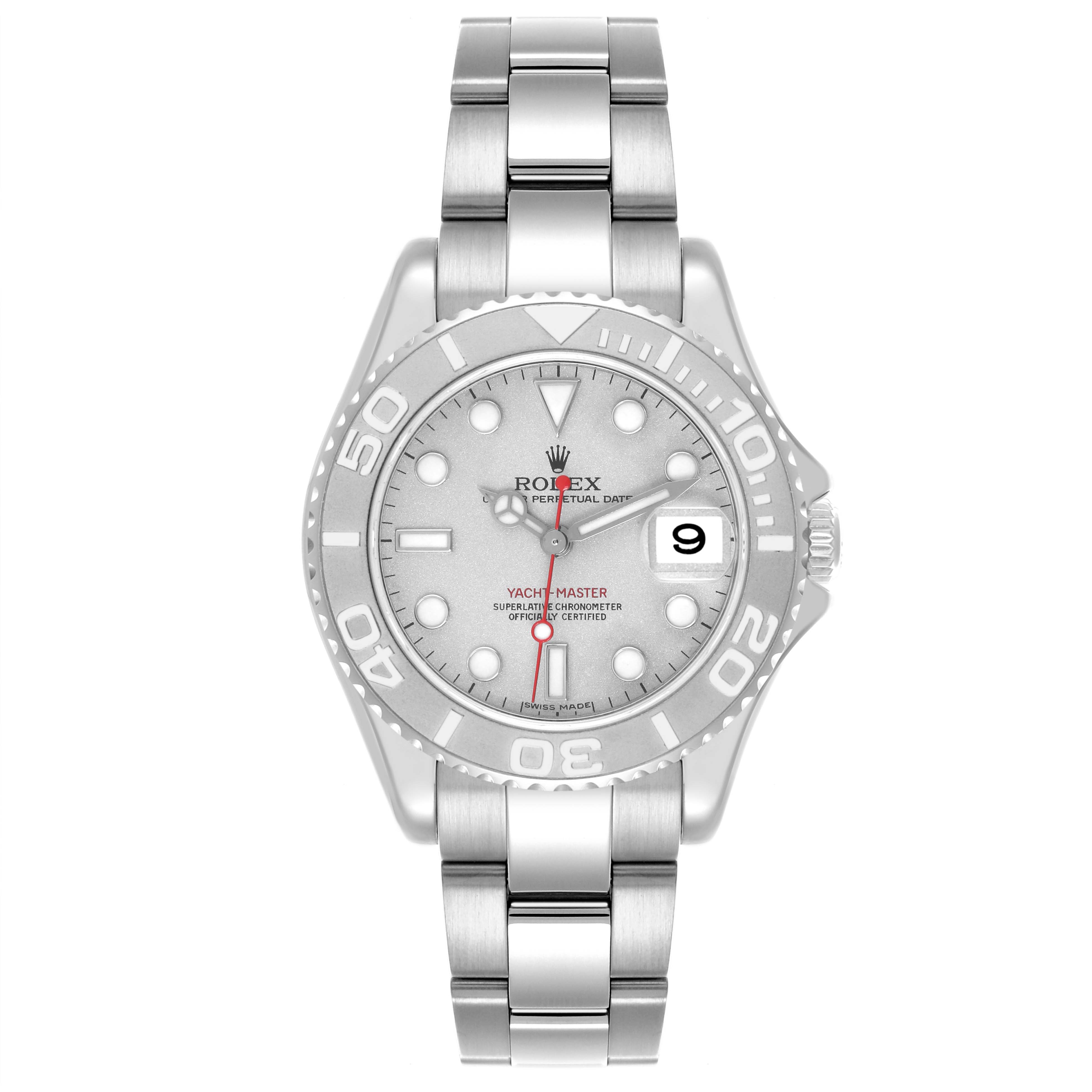 The Rolex Yacht-Master 168622 Men's Stainless Steel Silver Dial 168622 Men's Stainless Steel Silver Dial watch is shown from a top-down angle, displaying the dial, bezel, and bracelet.