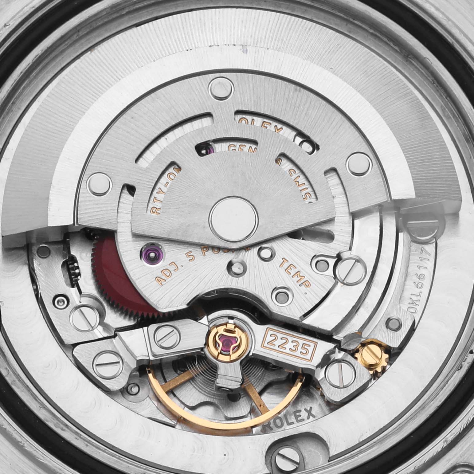 This image shows the intricate movement components of a Rolex Yacht-Master 168622 Men's Stainless Steel Silver Dial 168622 Men's Stainless Steel Silver Dial watch from a close-up, top-down angle.