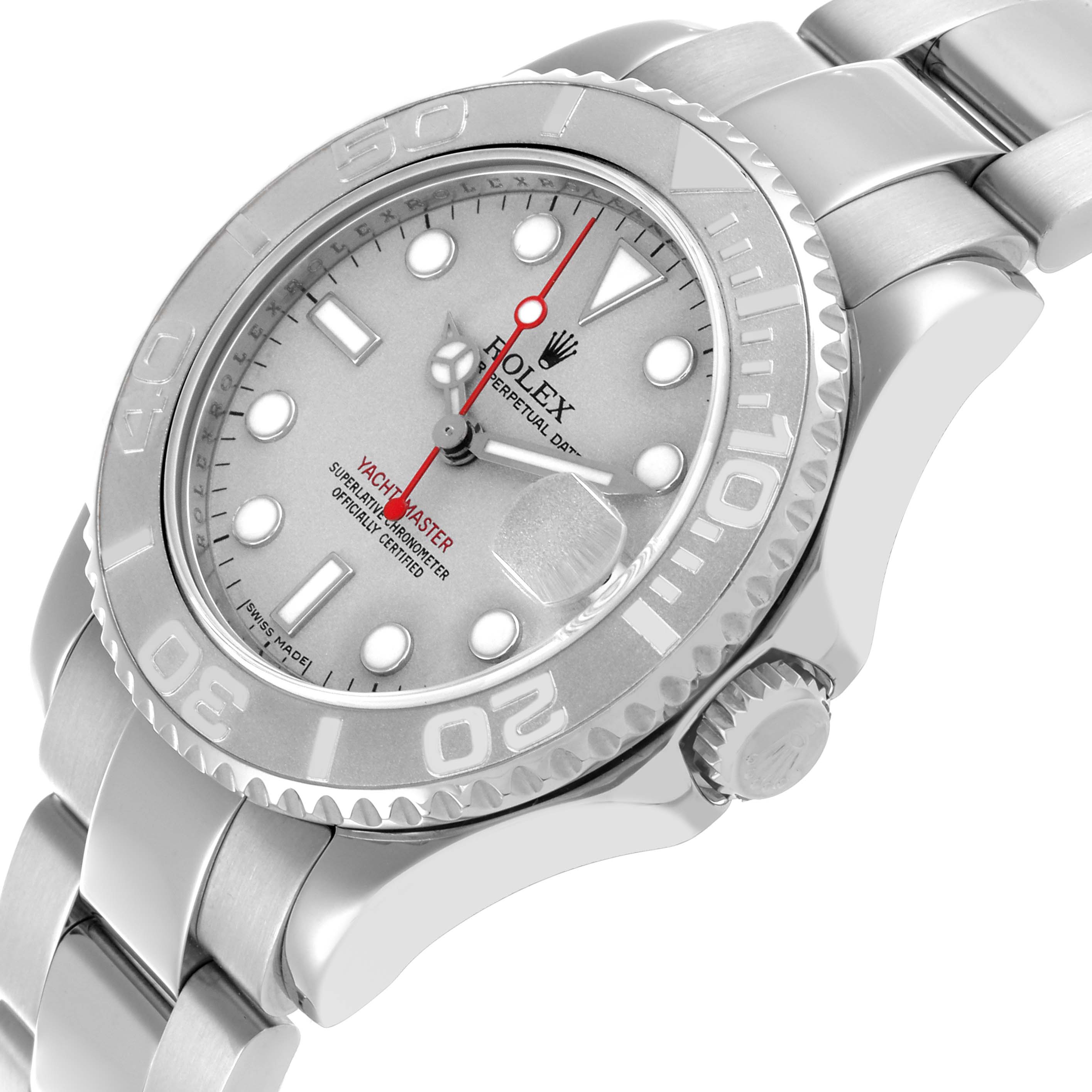 The Rolex Yacht-Master 168622 Men's Stainless Steel Silver Dial 168622 Men's Stainless Steel Silver Dial watch is shown at an angled side view, highlighting the dial, bezel, and bracelet.