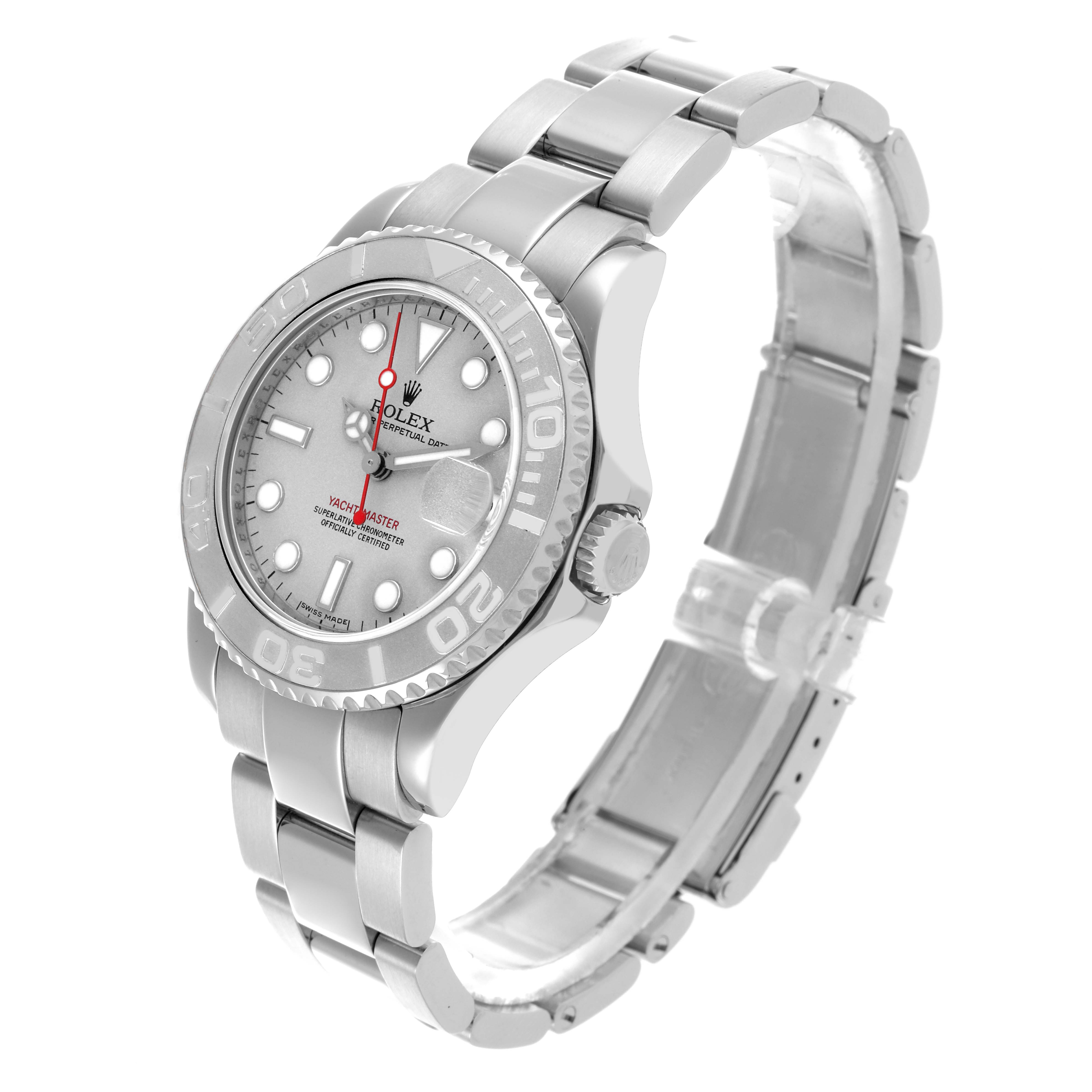 The Rolex Yacht-Master 168622 Men's Stainless Steel Silver Dial 168622 Men's Stainless Steel Silver Dial is shown at a three-quarter angle highlighting the face, bezel, and bracelet.