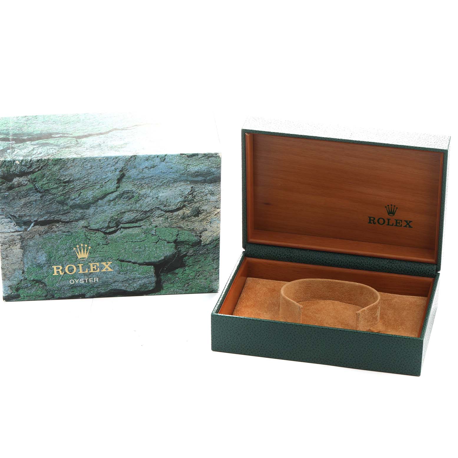 The image shows a Rolex Yacht-Master 16622 Men's Stainless Steel Silver Dial watch box at an open angle, revealing the interior with the watch holder.