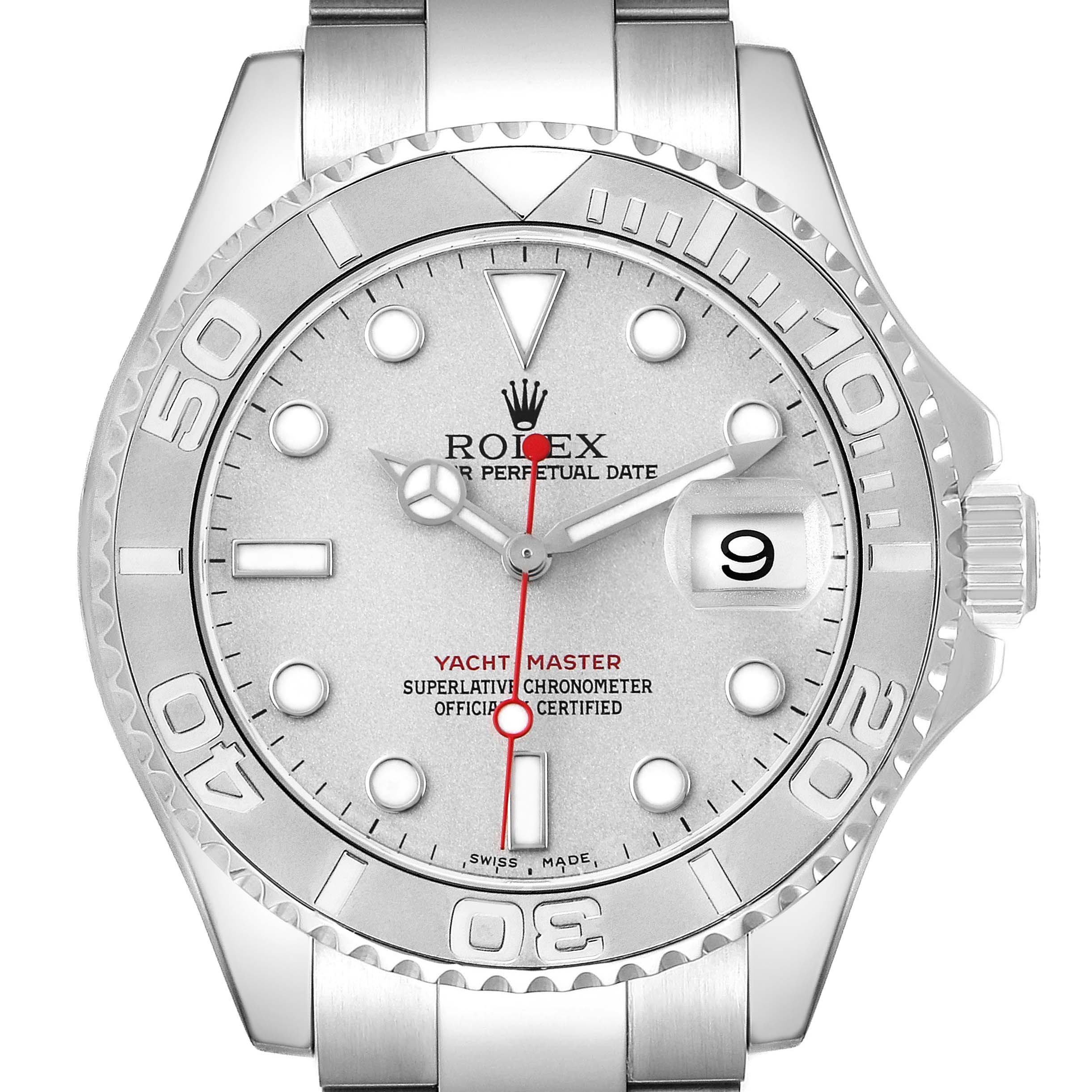 The Rolex Yacht-Master 16622 Men's Stainless Steel Silver Dial watch is shown from a front angle, highlighting the dial, bezel, and part of the bracelet.