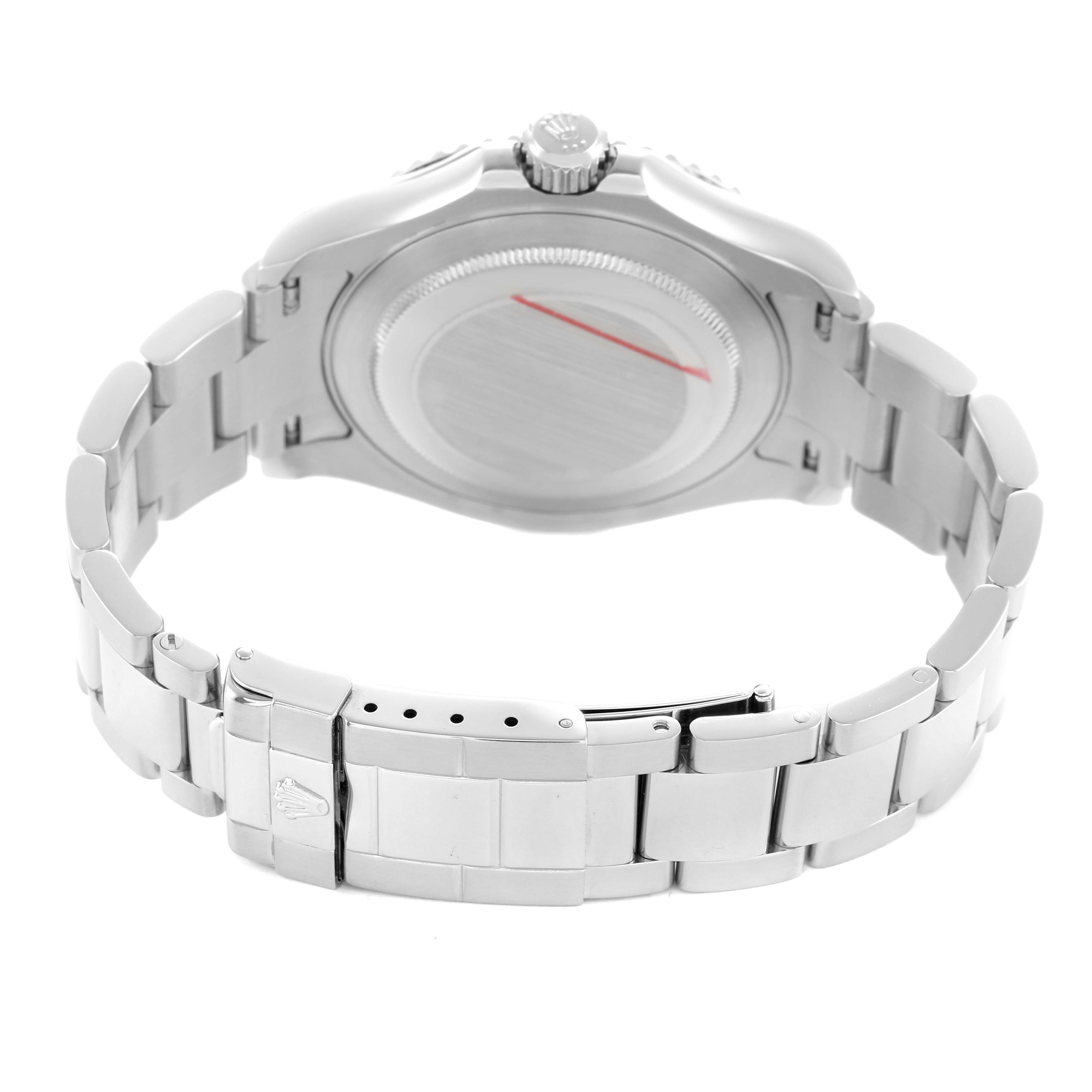 The Rolex Yacht-Master 16622 Men's Stainless Steel Silver Dial watch is shown from the back, focusing on the case back, bracelet, and clasp.