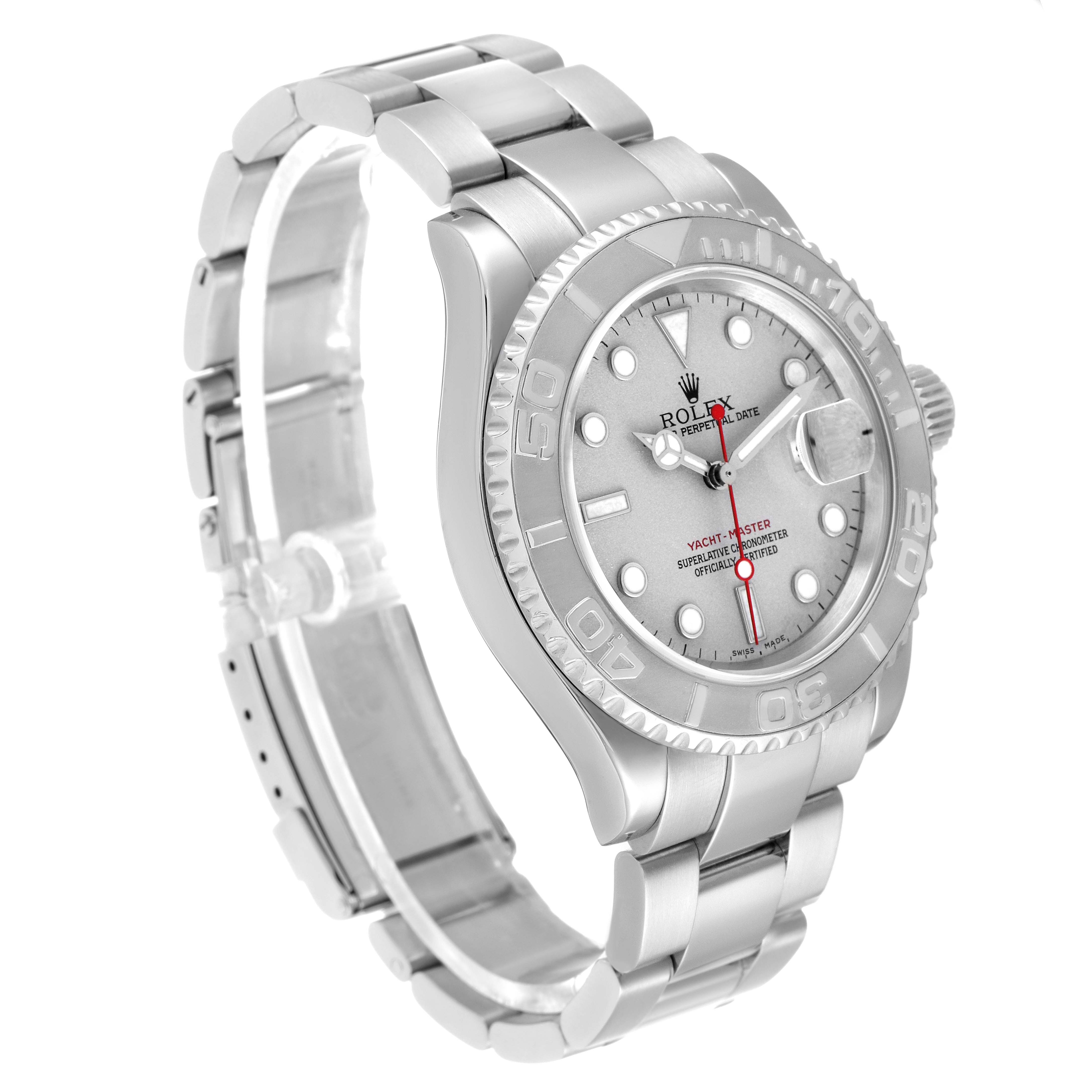 The Rolex Yacht-Master 16622 Men's Stainless Steel Silver Dial watch is shown at a slight angle, highlighting its bezel, dial, and bracelet.