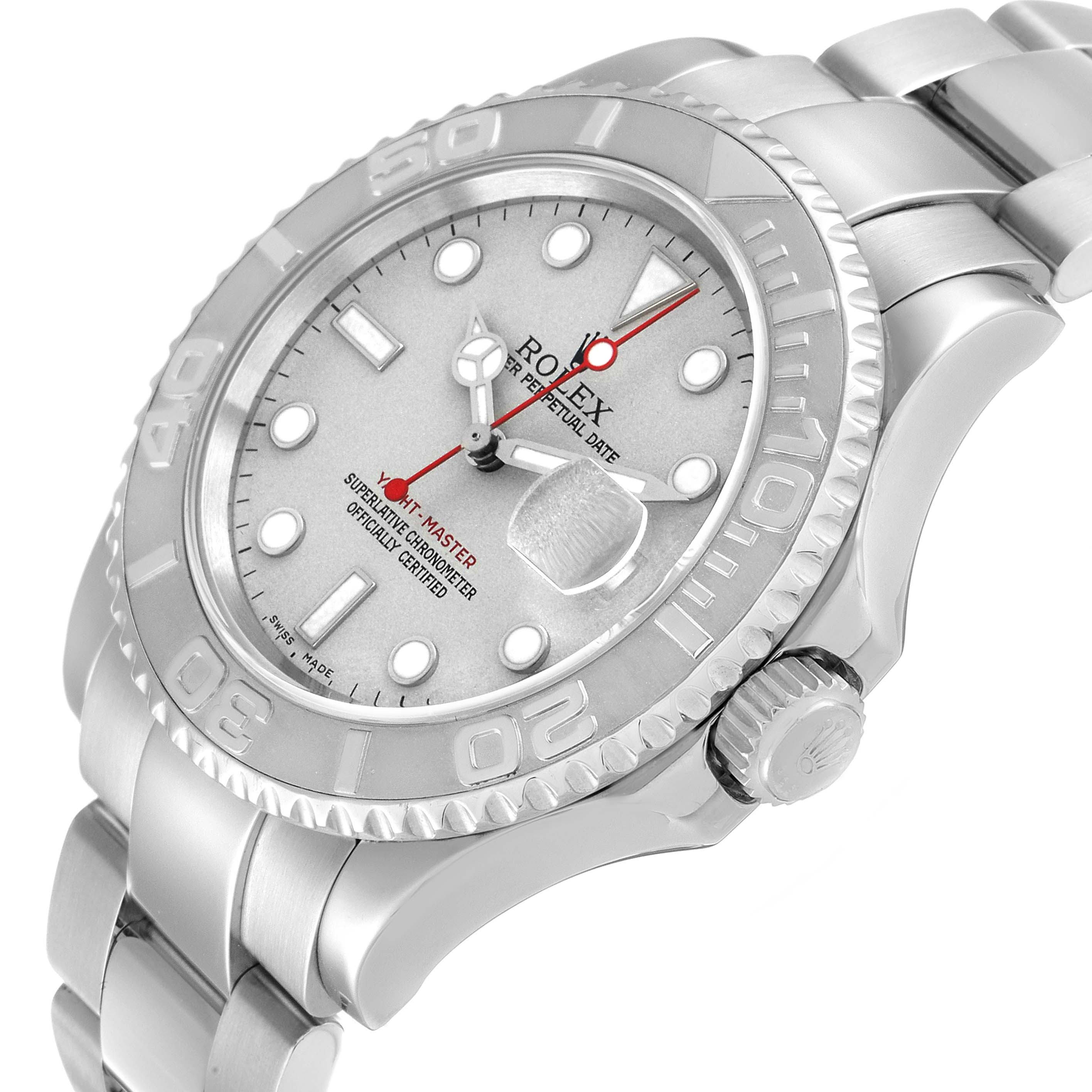 The Rolex Yacht-Master 16622 Men's Stainless Steel Silver Dial watch is shown at an angle highlighting the face, bezel, crown, and part of the bracelet.