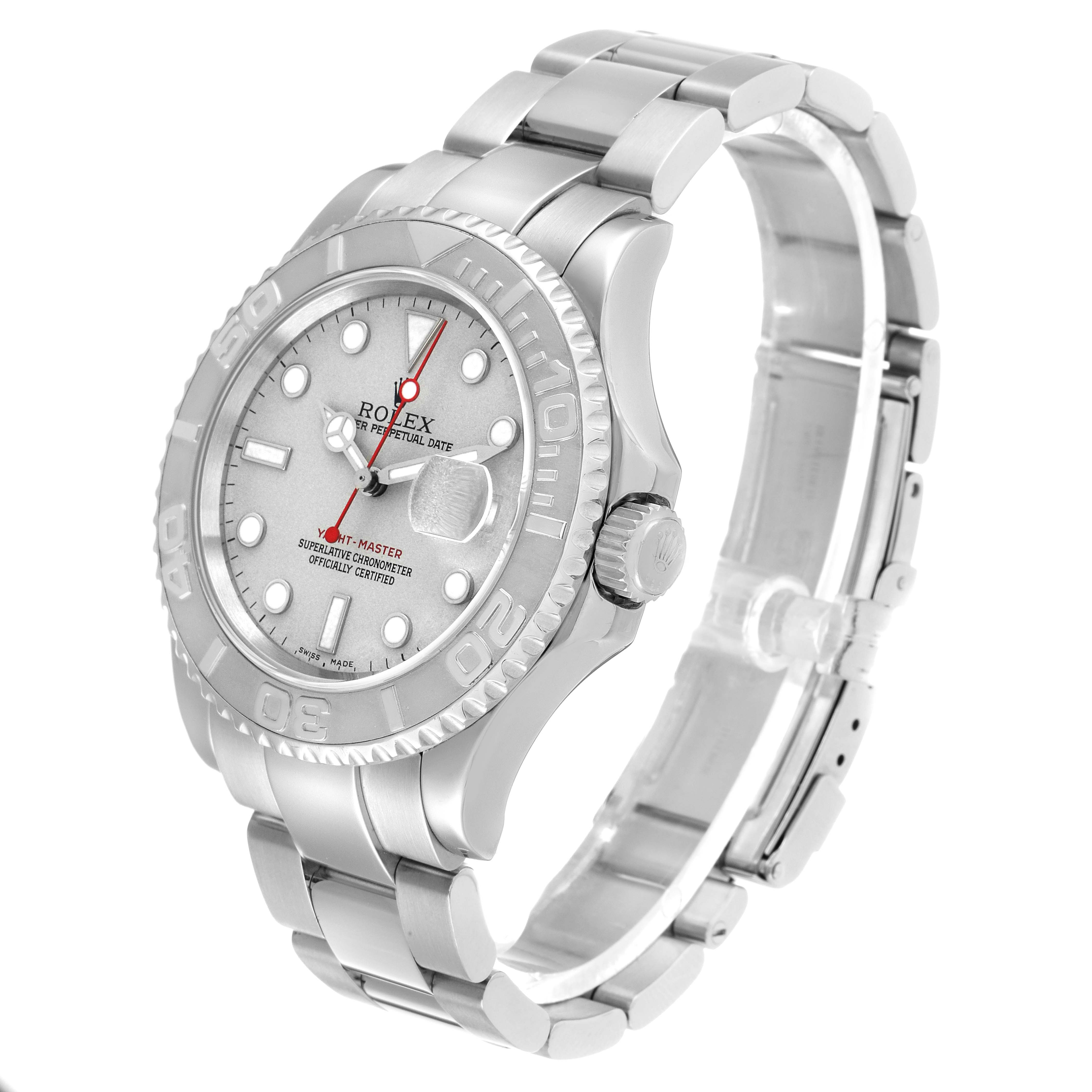 The Rolex Yacht-Master 16622 Men's Stainless Steel Silver Dial watch is angled to show its face, bezel, crown, and part of the bracelet.