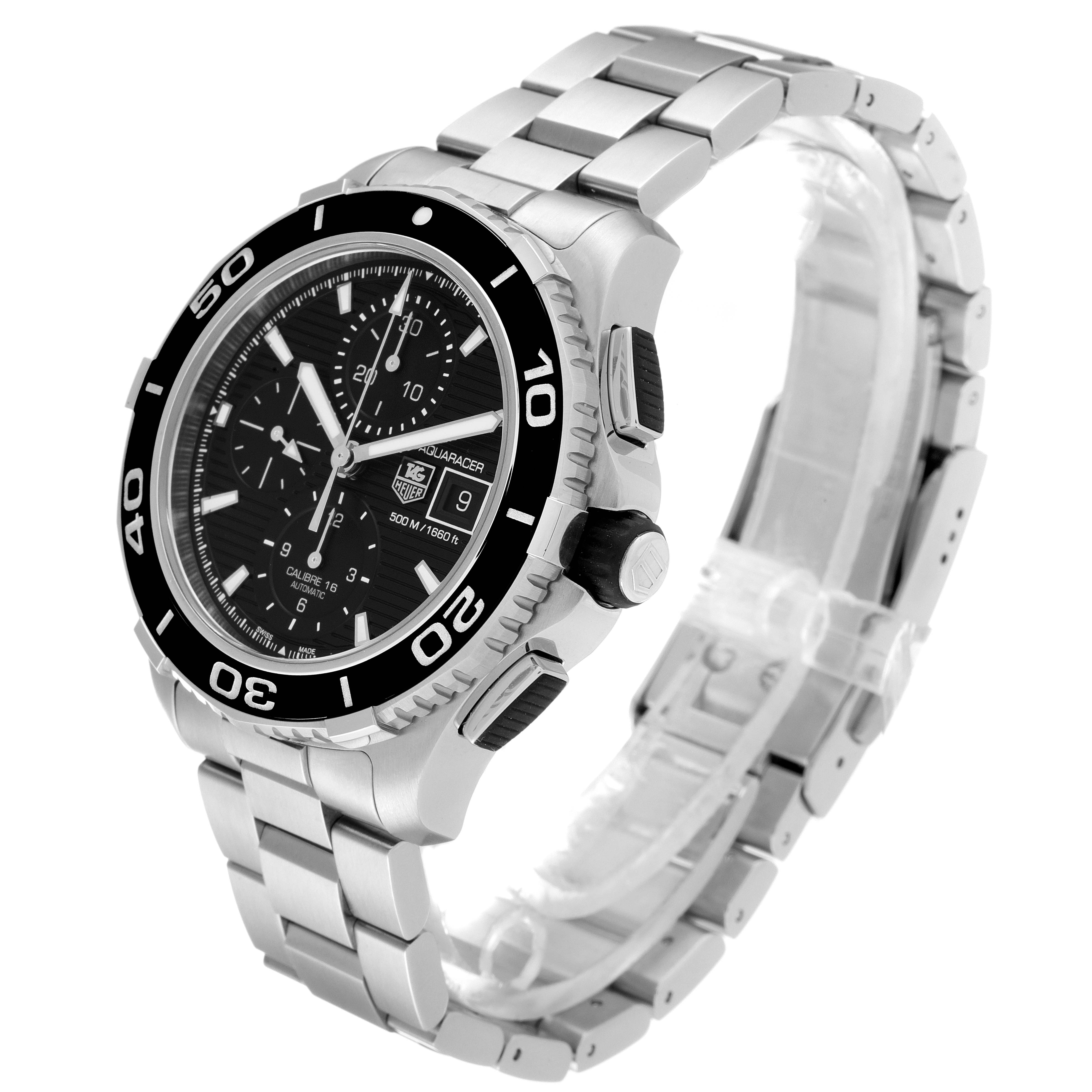 The image shows a Tag Heuer Aquaracer CAK2110.BA0833 Men
s Stainless Steel Black Dial CAK2110.BA0833 Men
s Stainless Steel Black Dial watch at a slight angle, displaying its face, bezel, crown, and stainless steel bracelet.