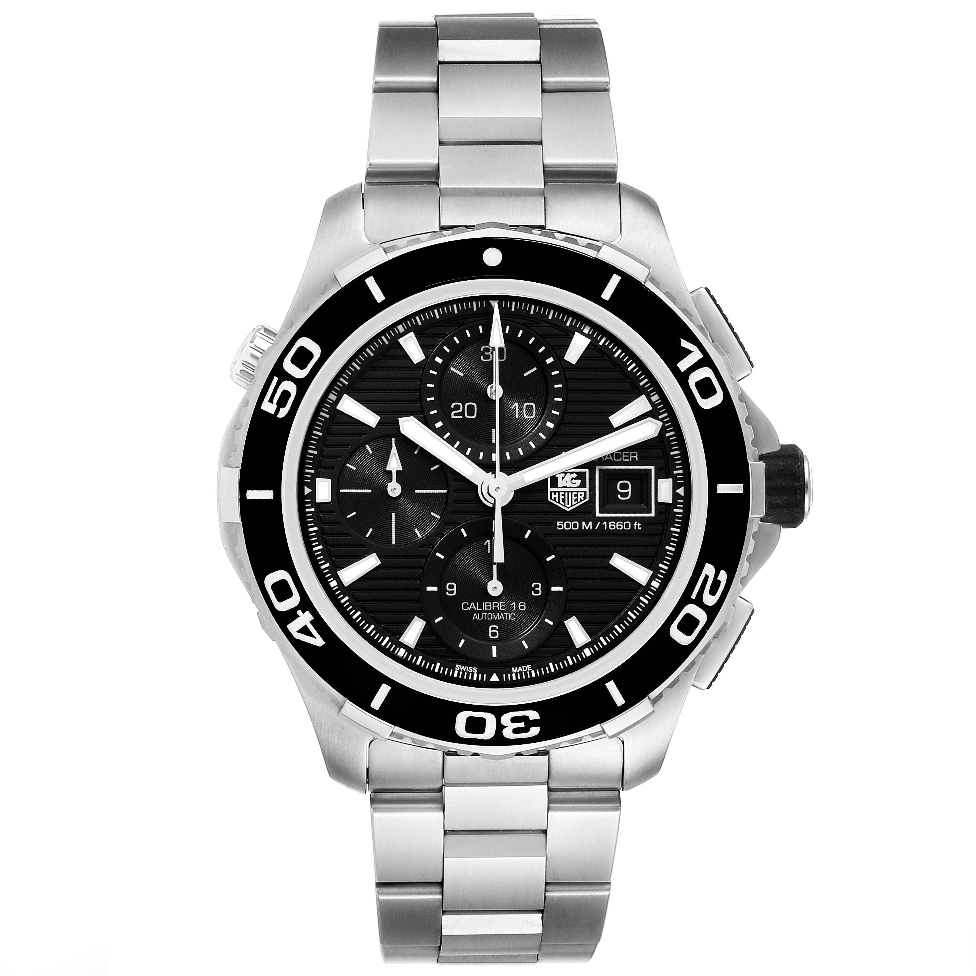 The image shows a frontal view of the Tag Heuer Aquaracer CAK2110.BA0833 Men
s Stainless Steel Black Dial CAK2110.BA0833 Men
s Stainless Steel Black Dial watch, displaying its dial, bezel, and stainless steel bracelet.
