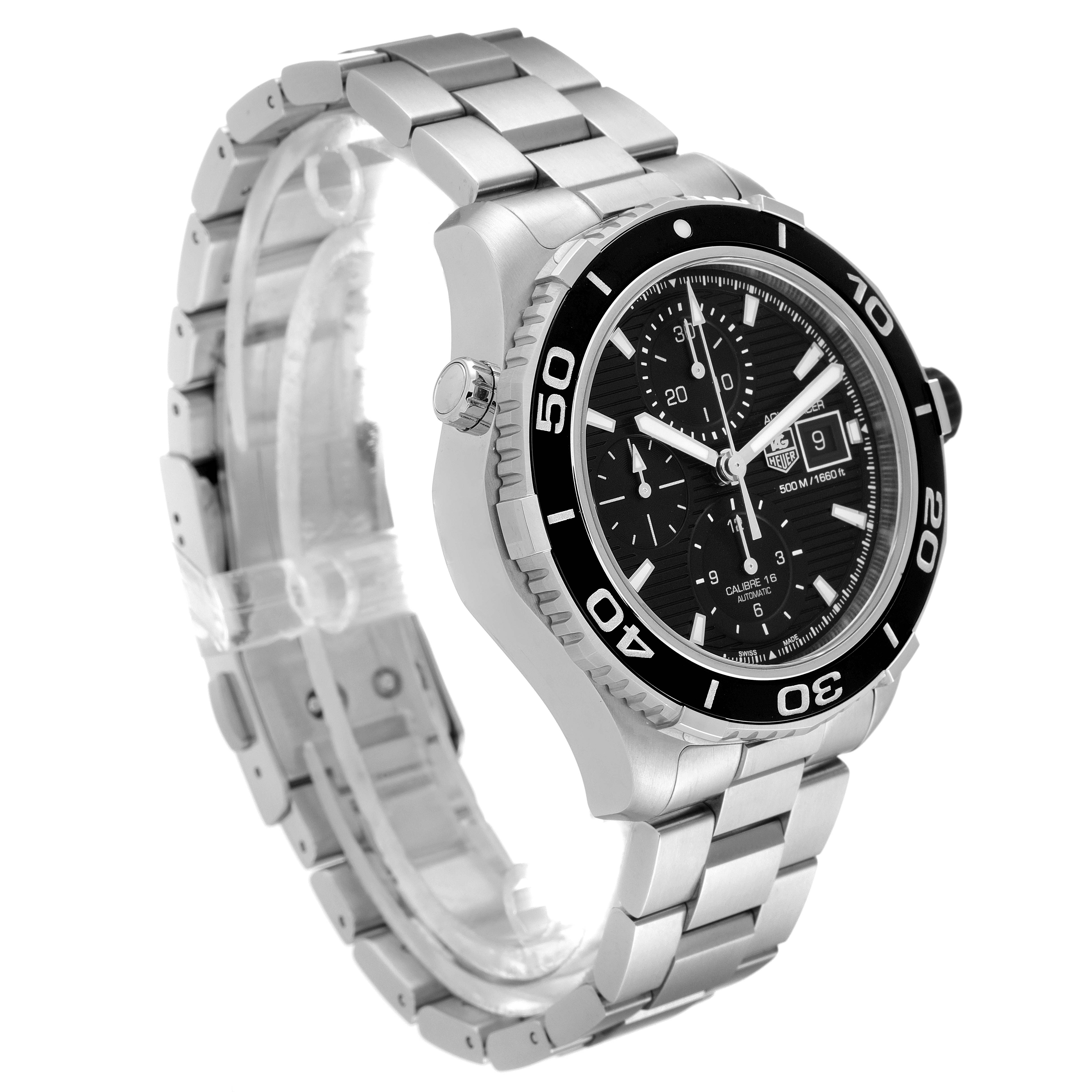 The image shows a side angle of the Tag Heuer Aquaracer CAK2110.BA0833 Men
s Stainless Steel Black Dial CAK2110.BA0833 Men
s Stainless Steel Black Dial watch, highlighting the bezel, dial, and stainless-steel bracelet.