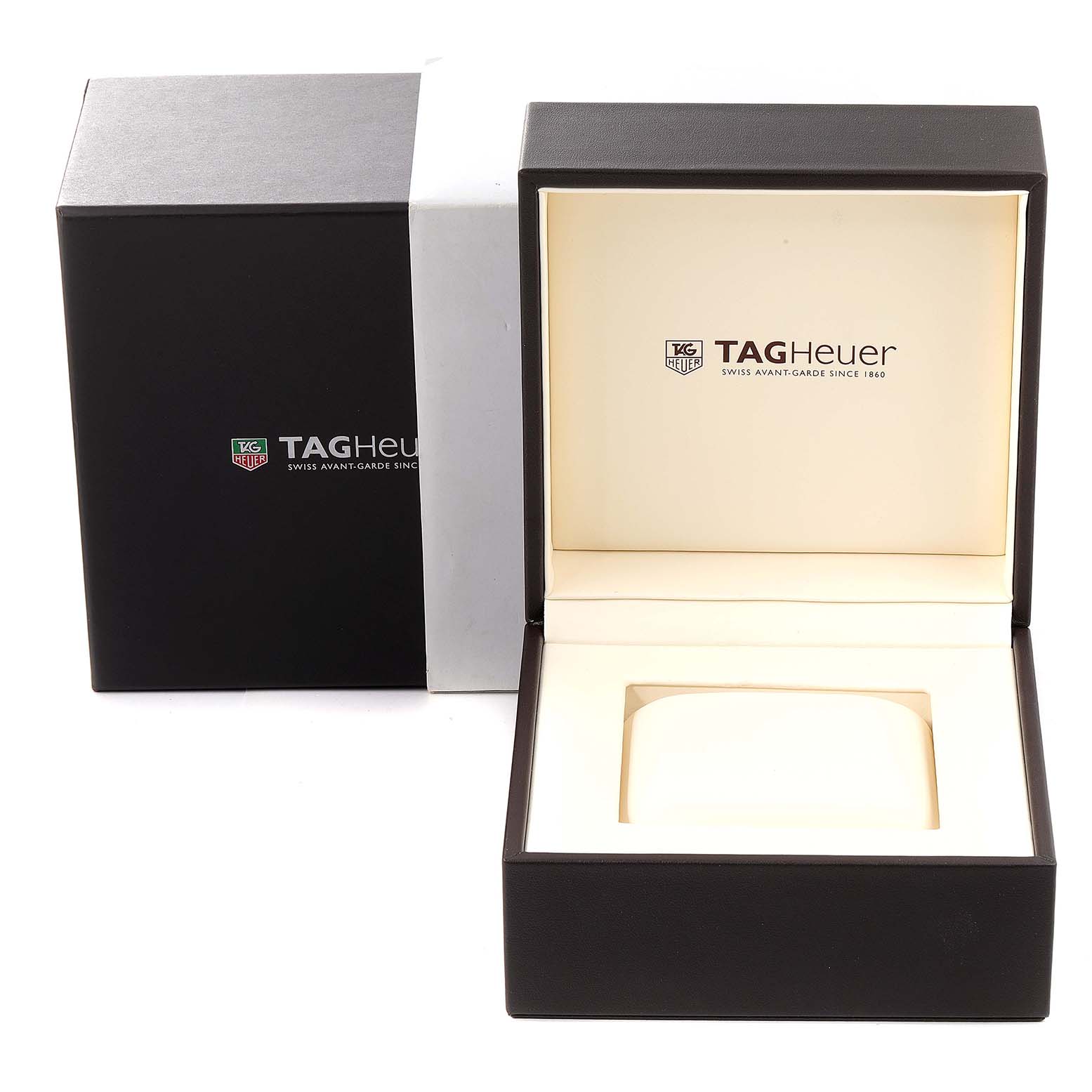 The image shows the Tag Heuer Aquaracer CAK2110.BA0833 Men
s Stainless Steel Black Dial CAK2110.BA0833 Men
s Stainless Steel Black Dial watch box and inner watch cushion at a front angle.