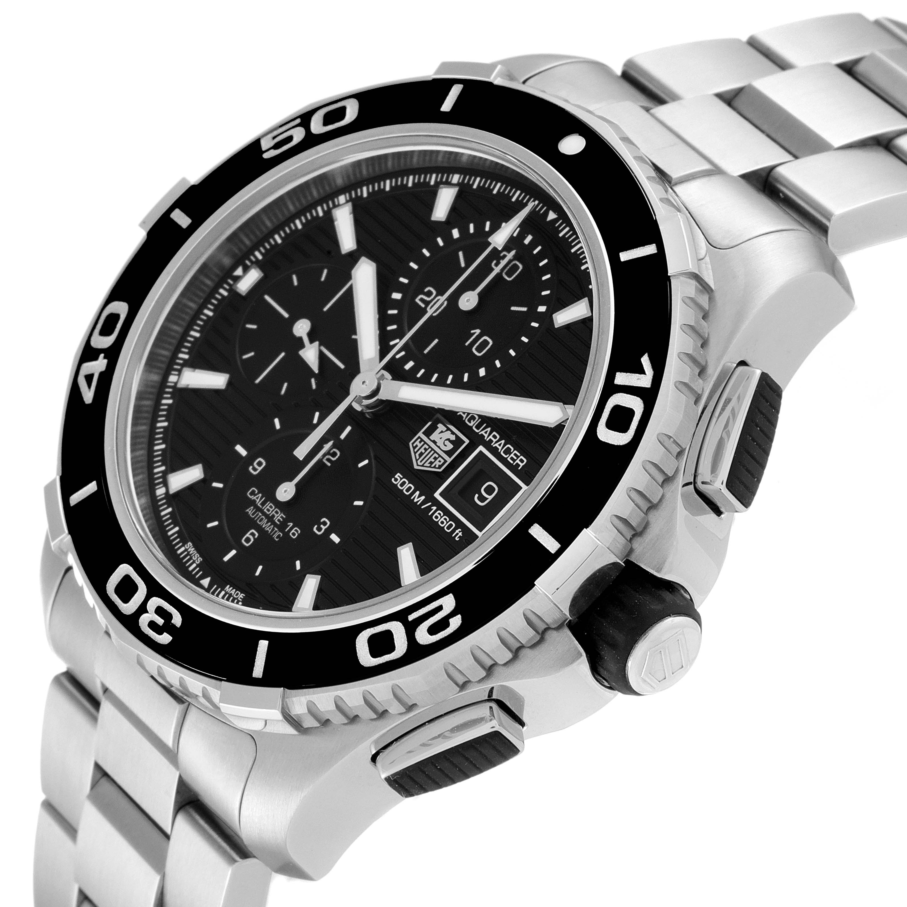 This image shows a close-up angle of the Tag Heuer Aquaracer CAK2110.BA0833 Men
s Stainless Steel Black Dial CAK2110.BA0833 Men
s Stainless Steel Black Dial watch, focusing on its dial, bezel, crown, and bracelet.