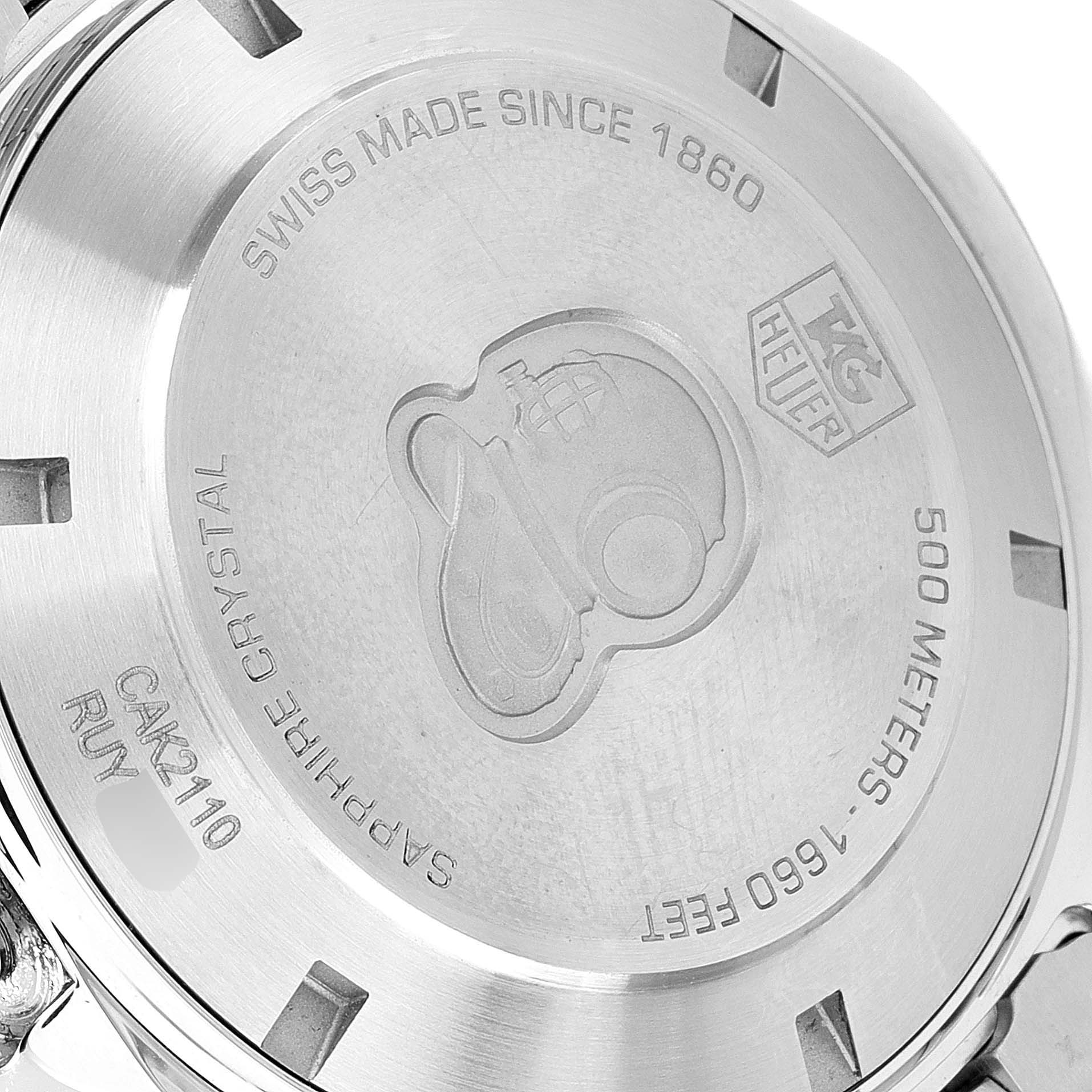 This is the back view of the Tag Heuer Aquaracer CAK2110.BA0833 Men
s Stainless Steel Black Dial CAK2110.BA0833 Men
s Stainless Steel Black Dial watch, showing the engraved logo, water resistance, and model details.