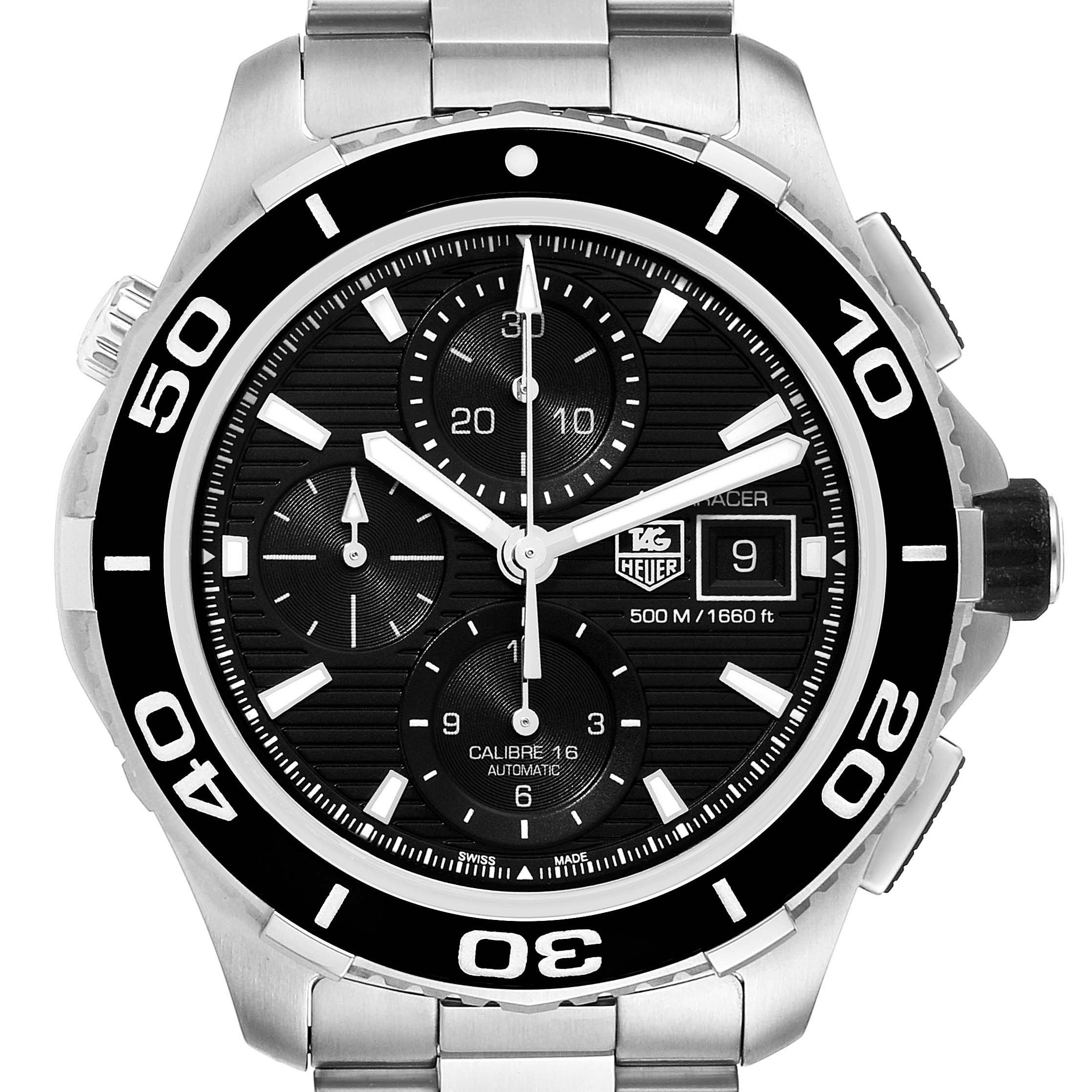 This image shows a front view of the Tag Heuer Aquaracer CAK2110.BA0833 Men
s Stainless Steel Black Dial CAK2110.BA0833 Men
s Stainless Steel Black Dial watch, highlighting its black dial, bezel, subdials, and date window.