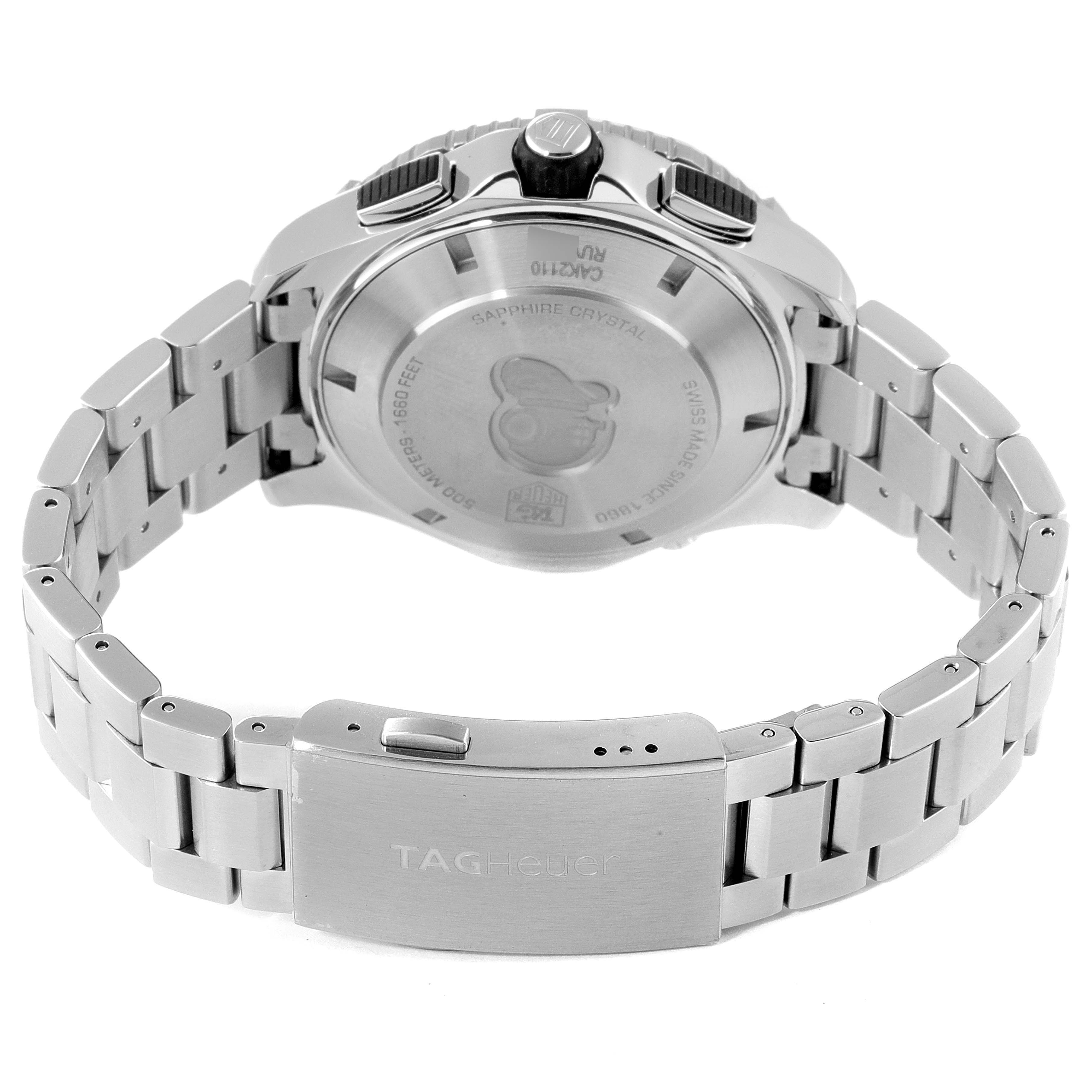 This image shows the back view of a Tag Heuer Aquaracer CAK2110.BA0833 Men
s Stainless Steel Black Dial CAK2110.BA0833 Men
s Stainless Steel Black Dial watch with its clasp and bracelet visible.