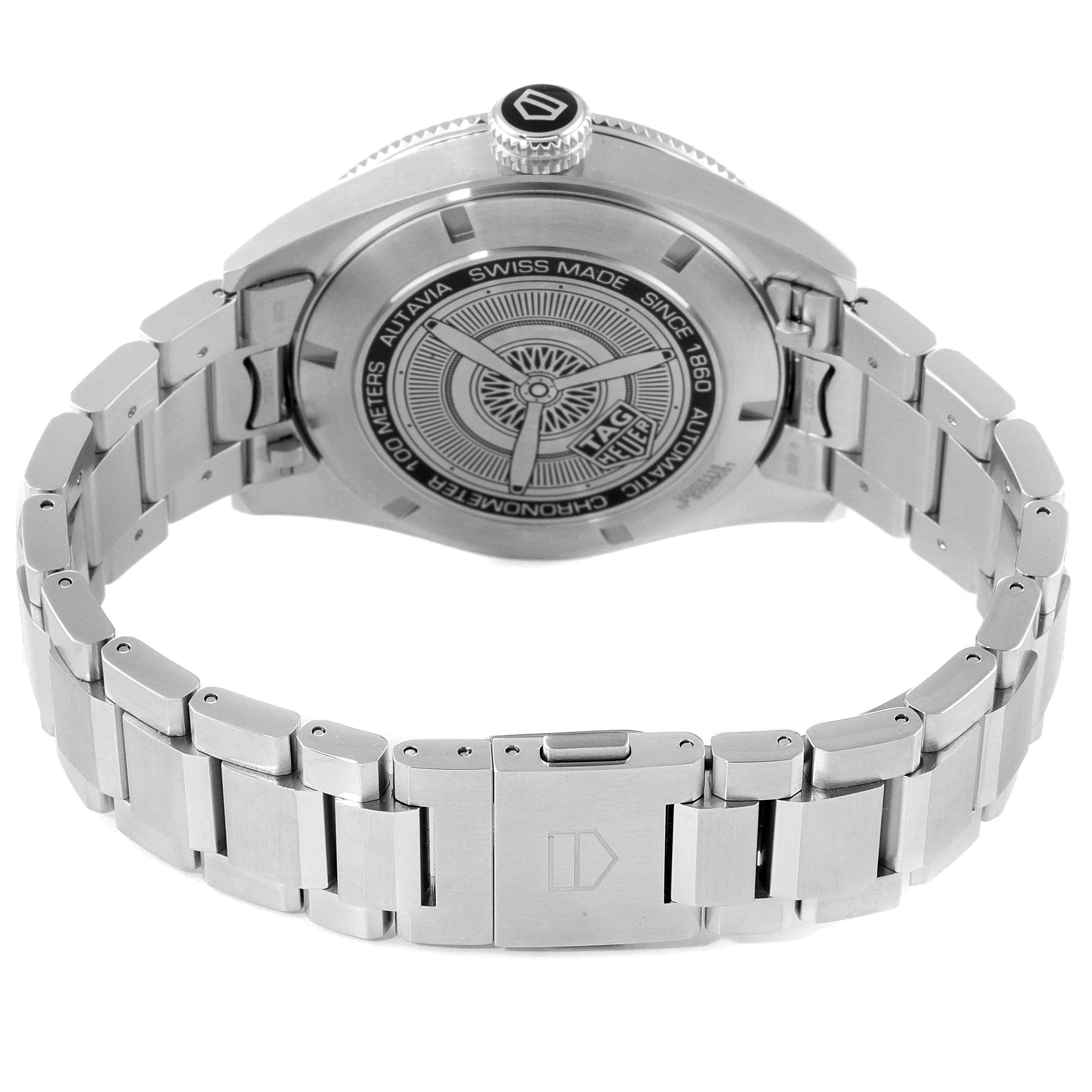 This image shows the back case and stainless steel bracelet of the Tag Heuer Autavia WBE5116.EB0173 Men's Stainless Steel Blue Dial WBE5116.EB0173 Men's Stainless Steel Blue Dial model watch.