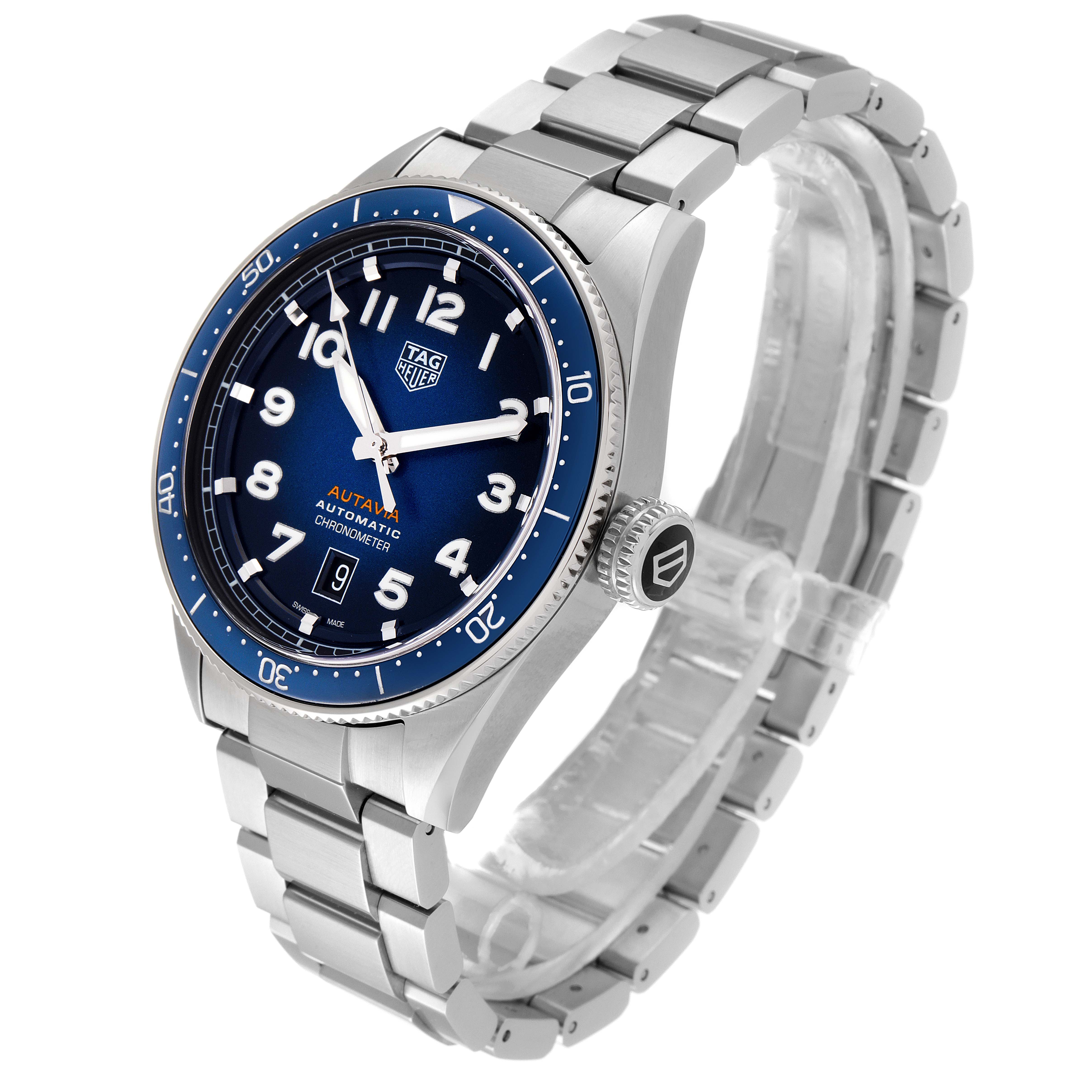 The image shows a side-angle view of the Tag Heuer Autavia WBE5116.EB0173 Men's Stainless Steel Blue Dial WBE5116.EB0173 Men's Stainless Steel Blue Dial watch, highlighting its dial, bezel, case, crown, and metal bracelet.