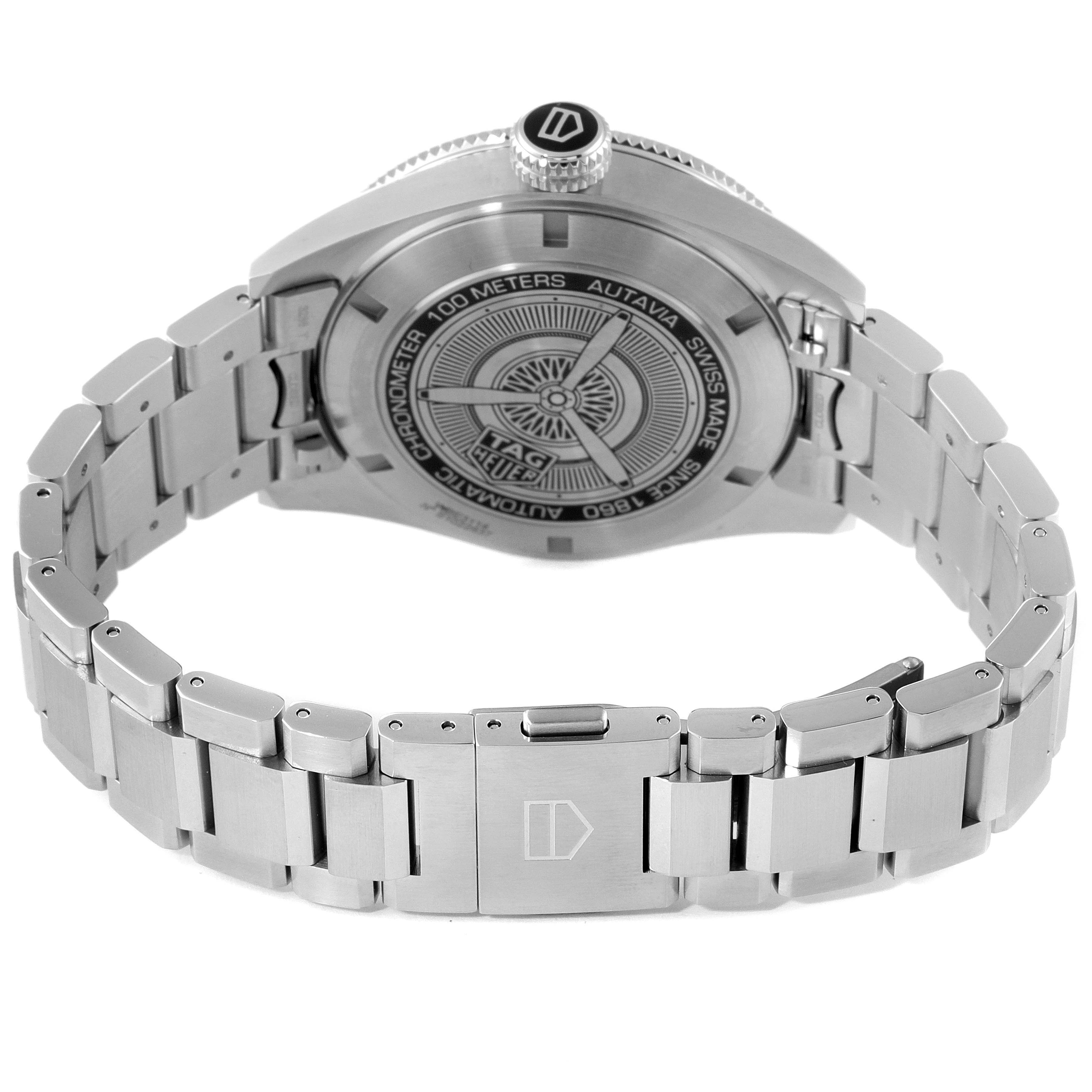 The image shows the back view of a Tag Heuer Autavia WBE5114.EB0173 Men's Stainless Steel Brown Dial WBE5114.EB0173 Men's Stainless Steel Brown Dial watch, featuring its closed case back and stainless steel bracelet.