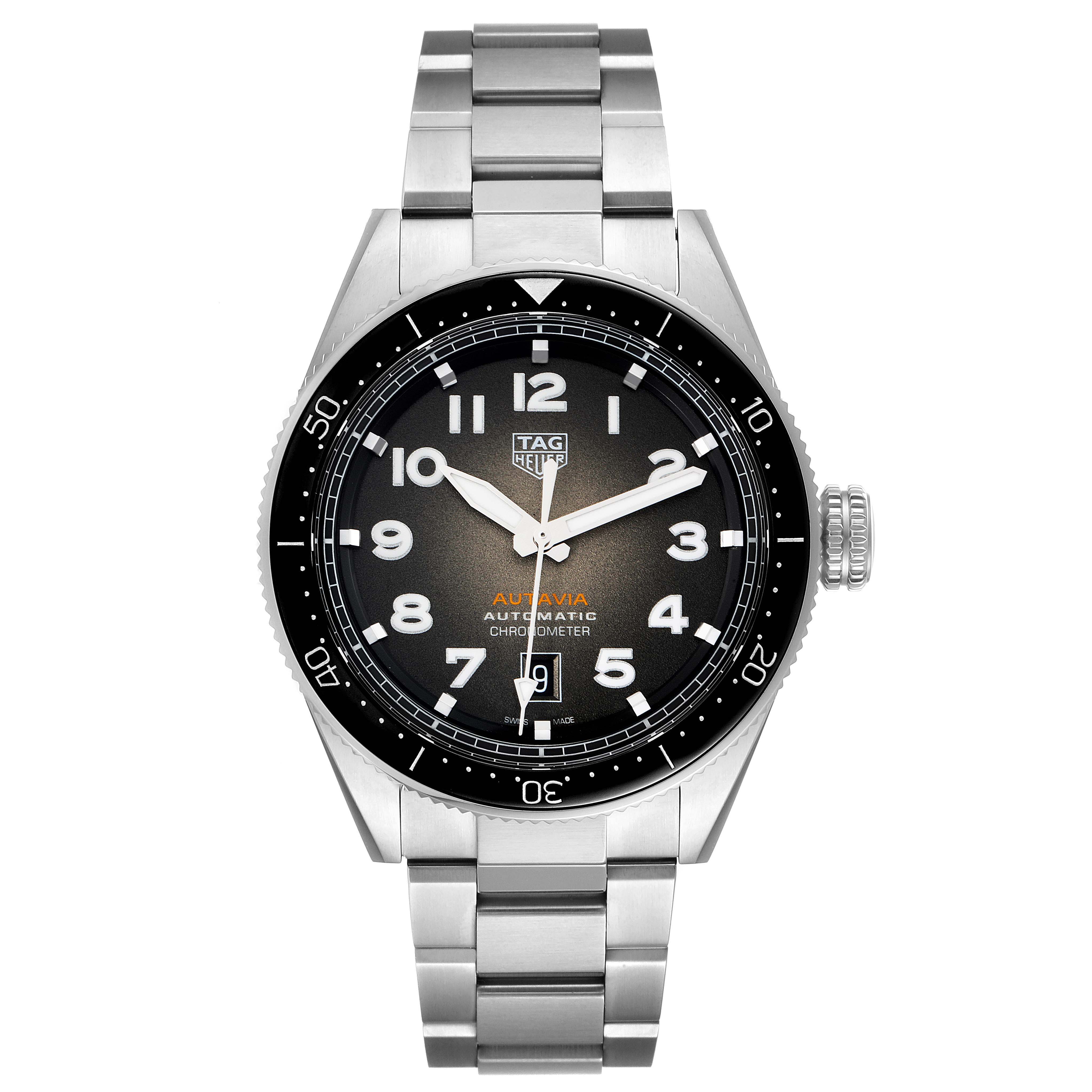 The image shows a front view of the Tag Heuer Autavia WBE5114.EB0173 Men's Stainless Steel Brown Dial WBE5114.EB0173 Men's Stainless Steel Brown Dial watch, displaying the dial, bezel, crown, and part of the bracelet.