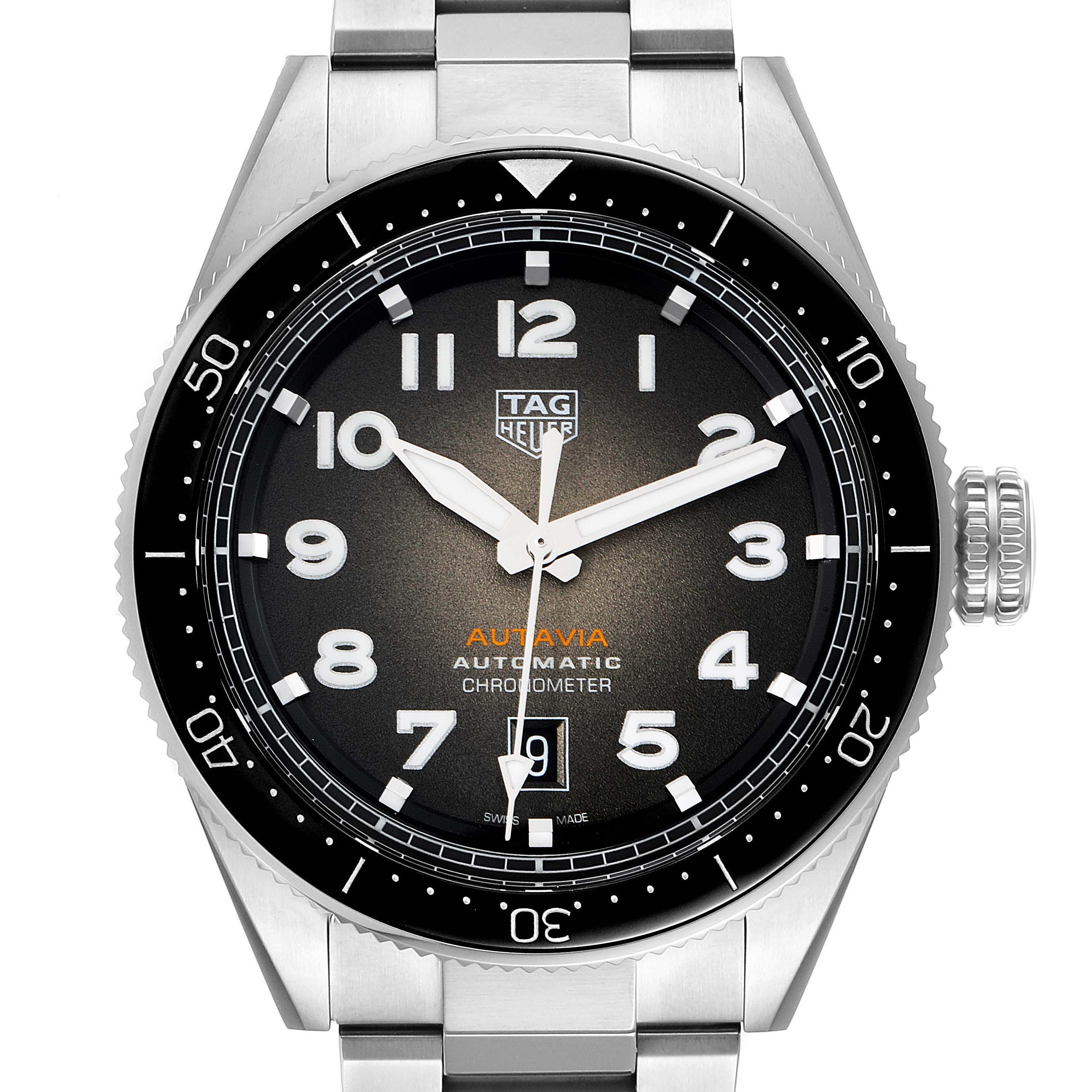This image shows a front view of the Tag Heuer Autavia WBE5114.EB0173 Men's Stainless Steel Brown Dial WBE5114.EB0173 Men's Stainless Steel Brown Dial watch, displaying its black dial, bezel, and part of the metal strap.