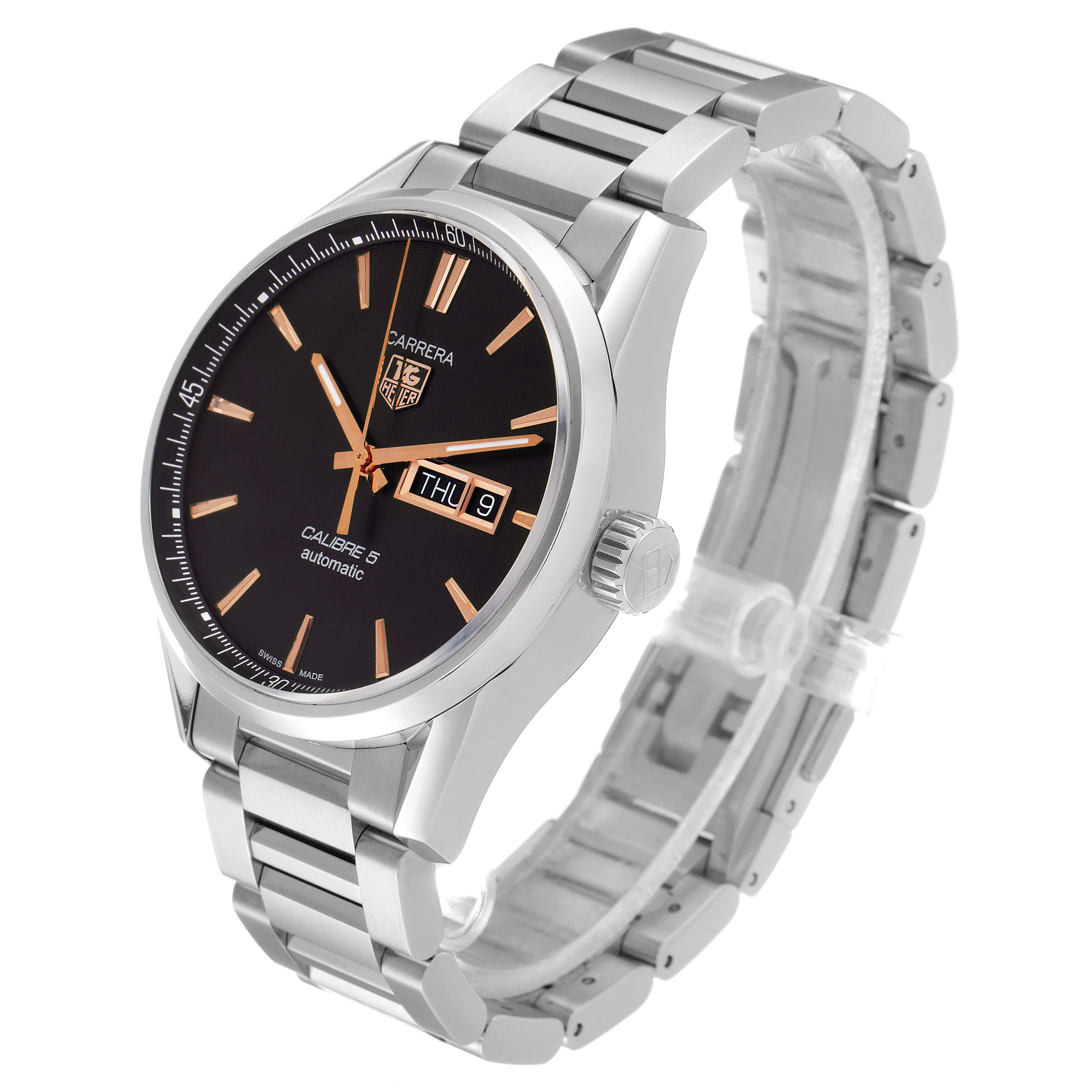 The image shows a Tag Heuer Carrera WAR201C.BA0723 Men's Stainless Steel Grey Dial WAR201C.BA0723 Men's Stainless Steel Grey Dial model watch from an angled side view, highlighting the black dial, date display, and metal bracelet.