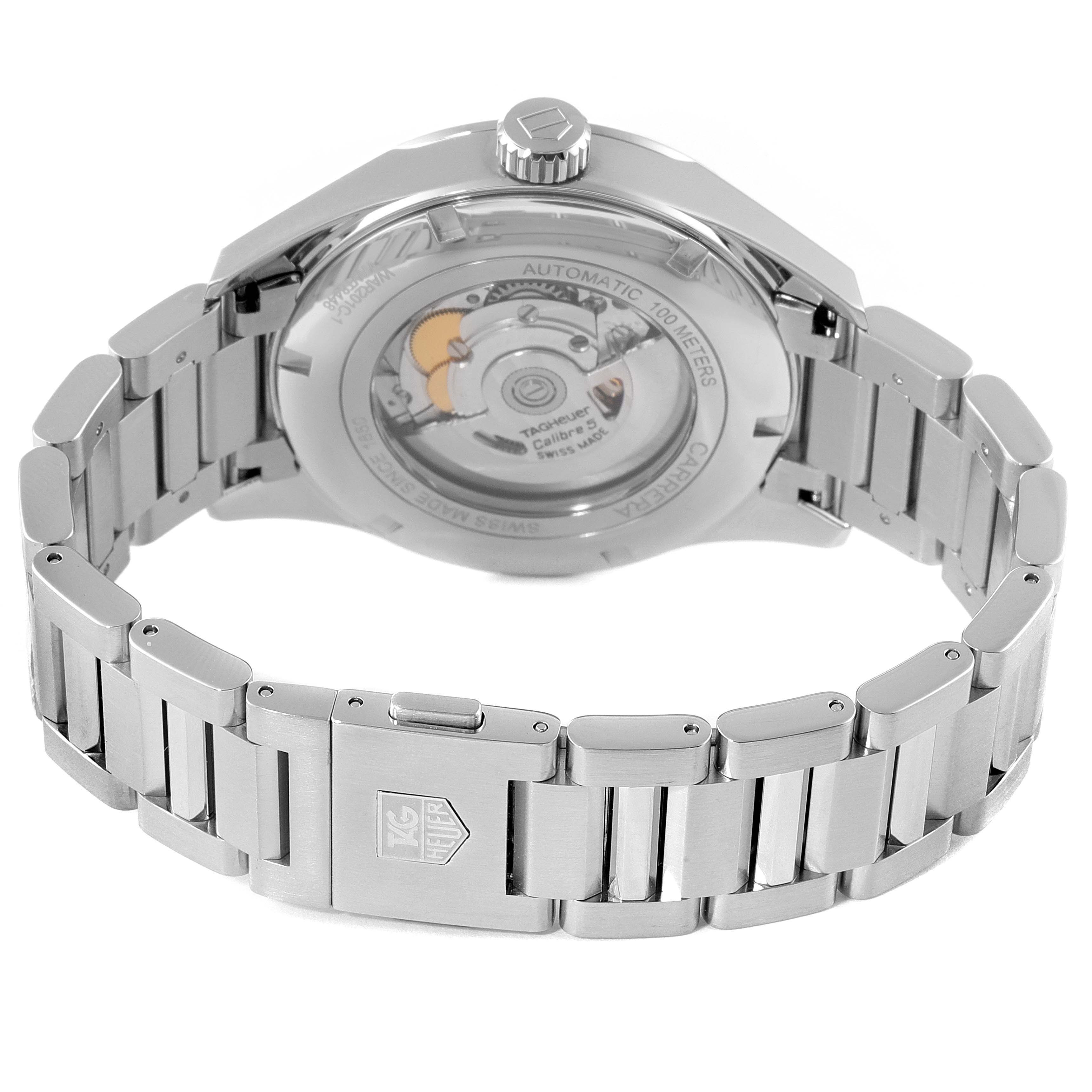 This image shows the back angle of a Tag Heuer Carrera WAR201C.BA0723 Men's Stainless Steel Grey Dial WAR201C.BA0723 Men's Stainless Steel Grey Dial watch, highlighting its stainless steel bracelet and automatic movement.