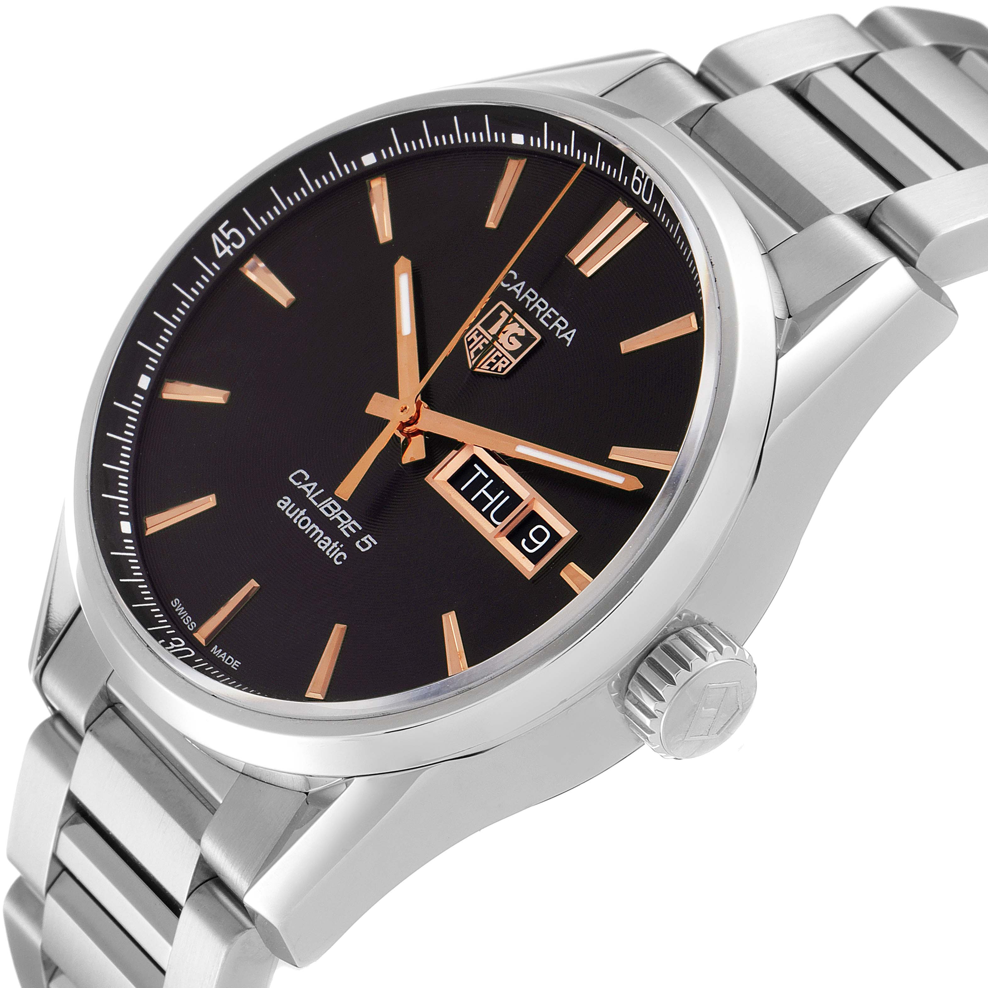 The image shows a Tag Heuer Carrera WAR201C.BA0723 Men's Stainless Steel Grey Dial WAR201C.BA0723 Men's Stainless Steel Grey Dial Calibre 5 watch at a three-quarters angle, highlighting the dial, crown, and part of the bracelet.