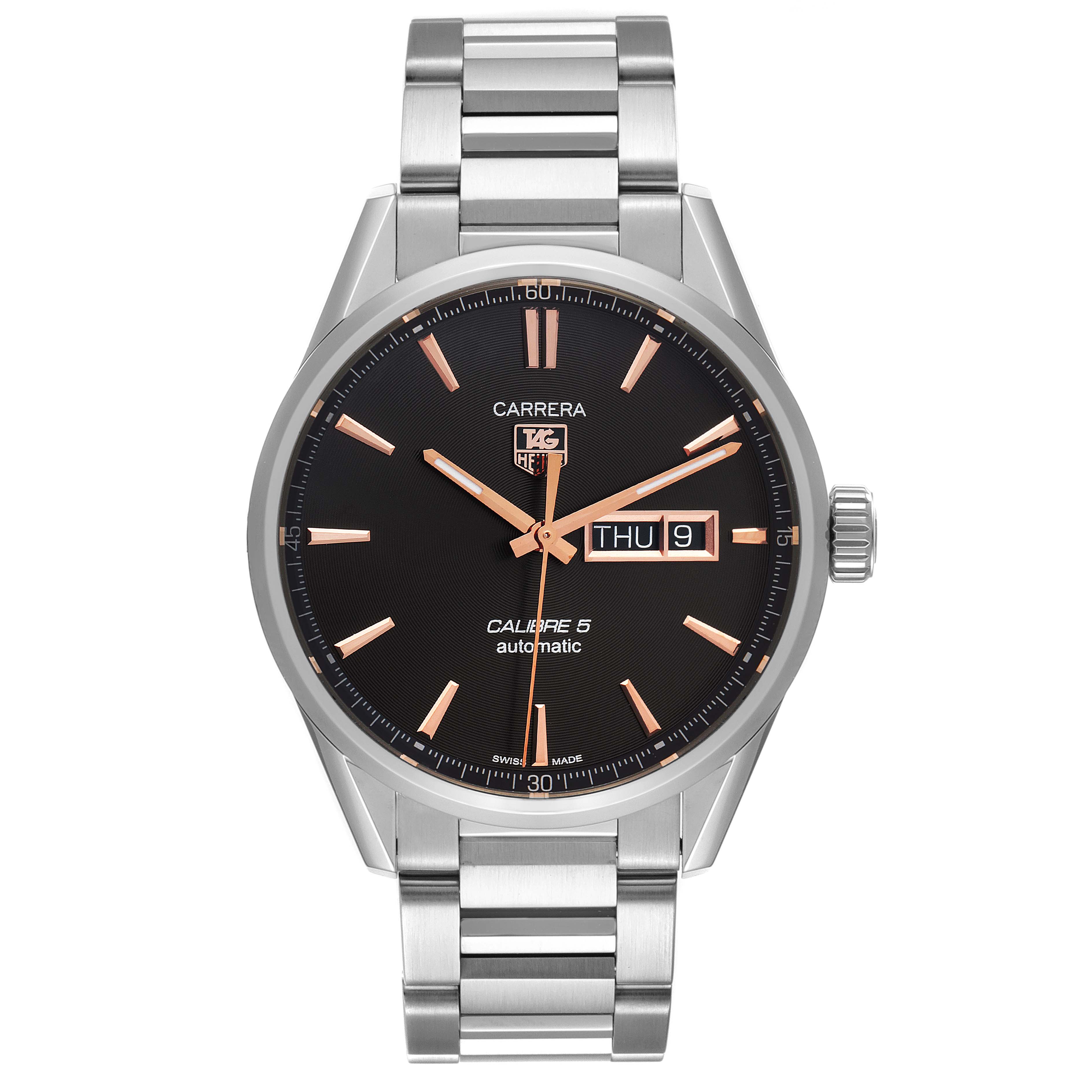 The image shows a frontal view of the Tag Heuer Carrera WAR201C.BA0723 Men's Stainless Steel Grey Dial WAR201C.BA0723 Men's Stainless Steel Grey Dial model watch, featuring a black dial, day-date display, and a metal bracelet.