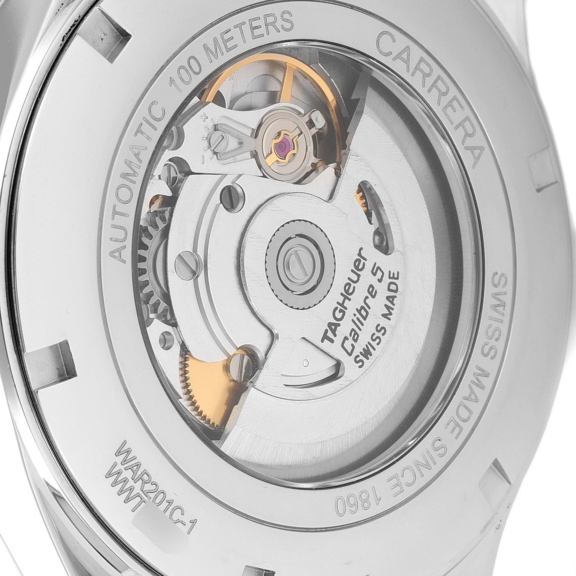 The image shows the back of a Tag Heuer Carrera WAR201C.BA0723 Men's Stainless Steel Grey Dial WAR201C.BA0723 Men's Stainless Steel Grey Dial watch, revealing its automatic movement mechanism.