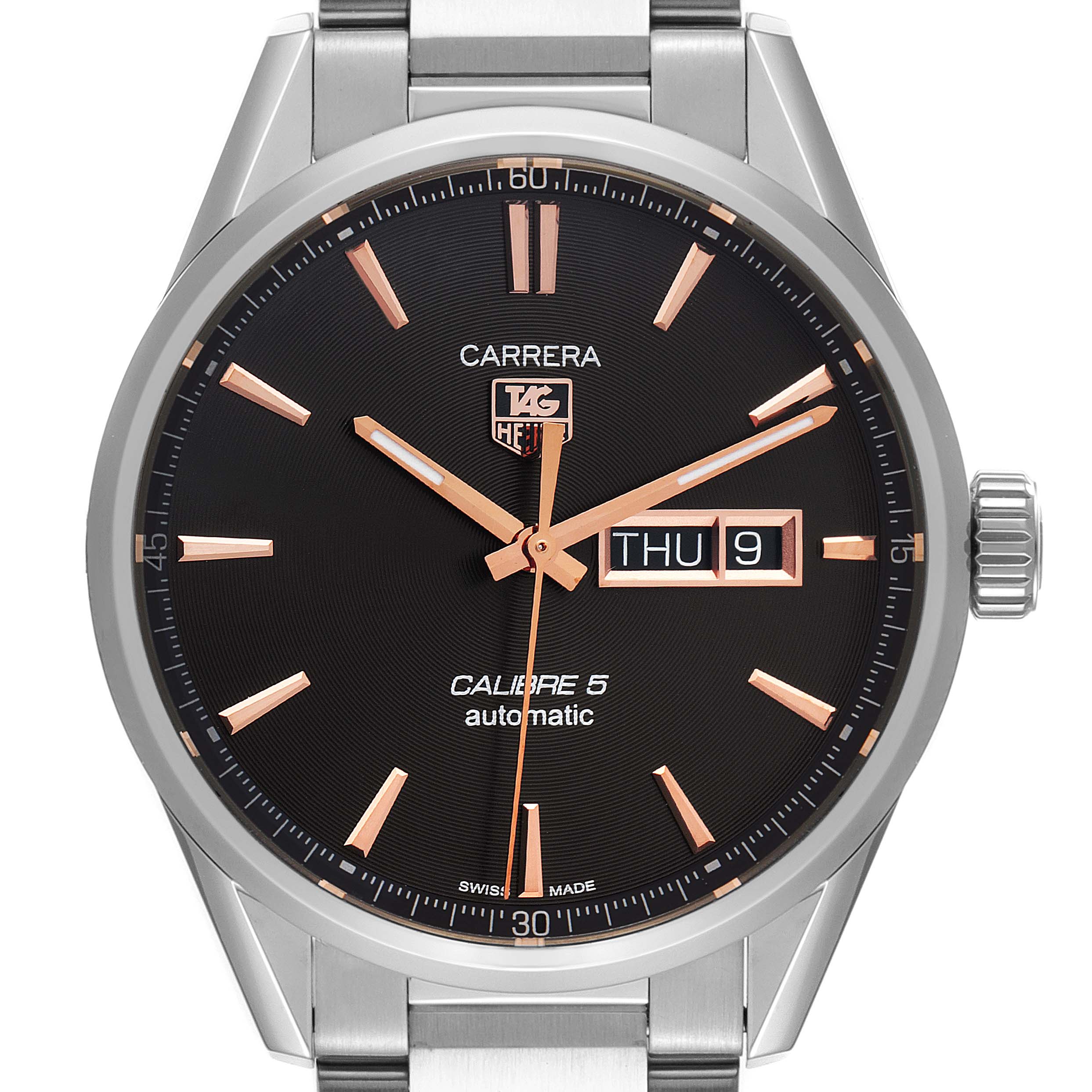 This image shows the front view of a Tag Heuer Carrera WAR201C.BA0723 Men's Stainless Steel Grey Dial WAR201C.BA0723 Men's Stainless Steel Grey Dial watch, highlighting the dial, hands, and day-date display.