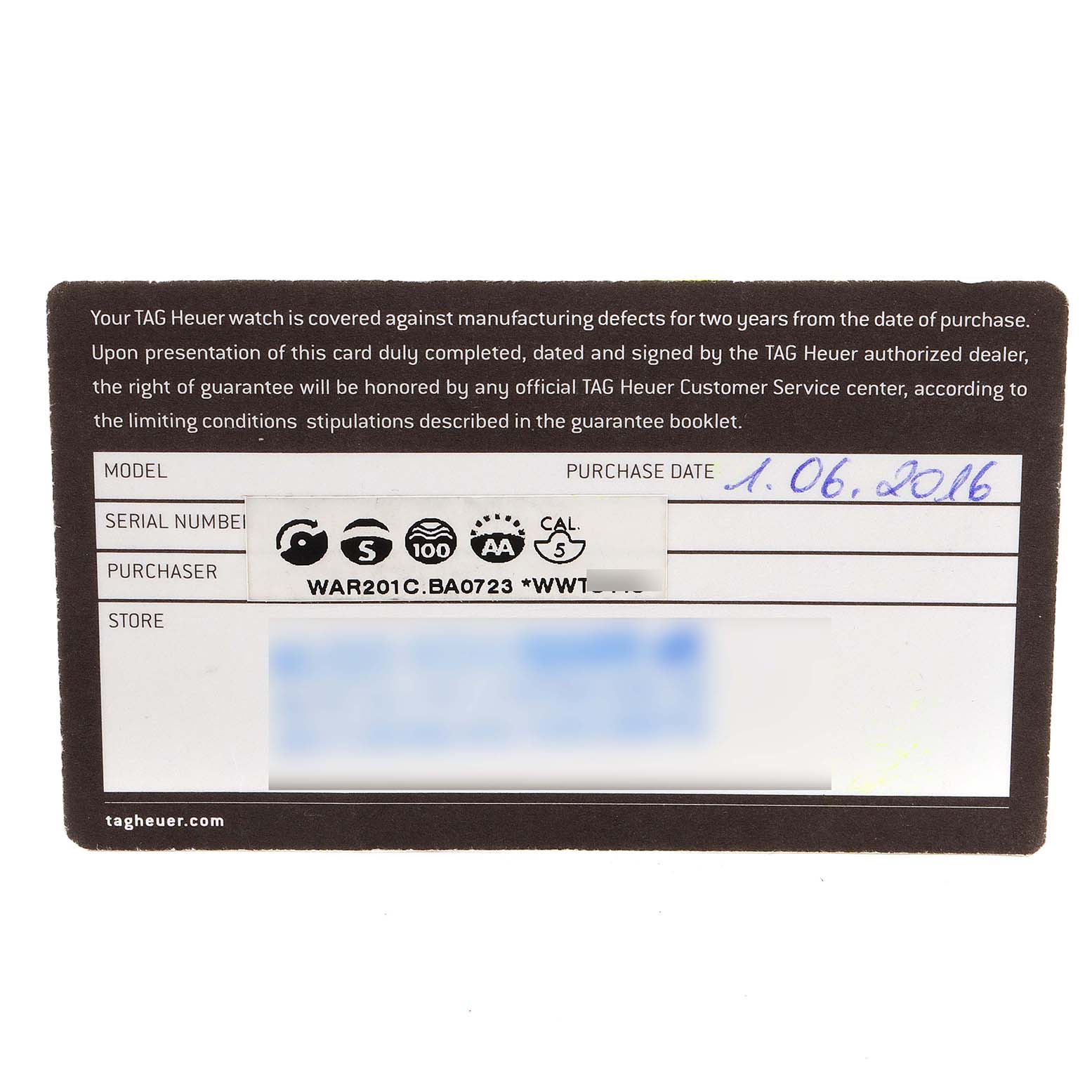 This image shows the warranty card for a Tag Heuer Carrera WAR201C.BA0723 Men's Stainless Steel Grey Dial WAR201C.BA0723 Men's Stainless Steel Grey Dial model watch, showing details like the serial number, purchase date, and store information.