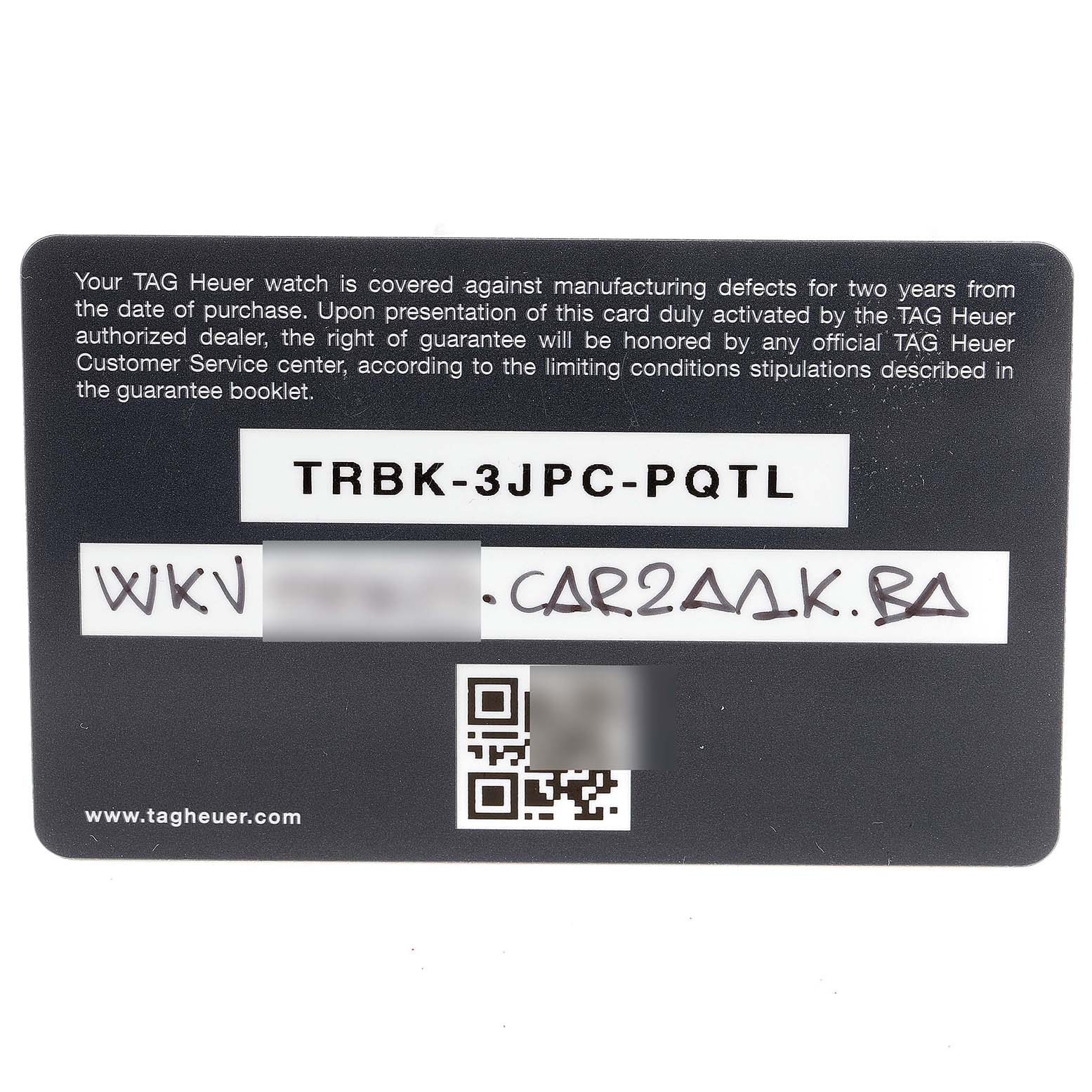 This image shows the warranty card for the Tag Heuer Carrera CAR2A1K.BA0703 Men's Stainless Steel Blue Dial CAR2A1K.BA0703 Men's Stainless Steel Blue Dial model, displaying the serial number and QR code.