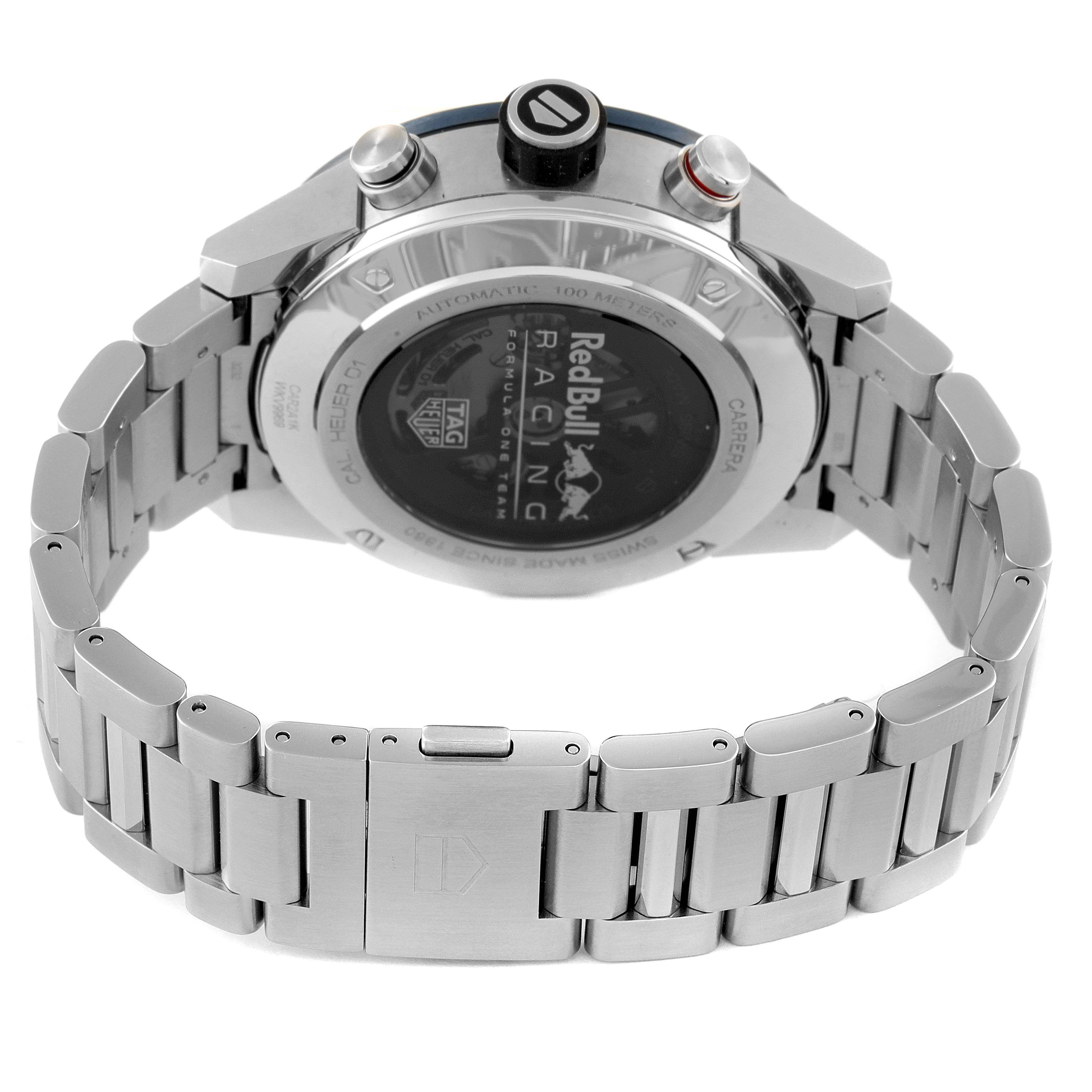 The image shows the back side and clasp of the Tag Heuer Carrera CAR2A1K.BA0703 Men's Stainless Steel Blue Dial CAR2A1K.BA0703 Men's Stainless Steel Blue Dial watch, including the case back and part of the stainless steel bracelet.