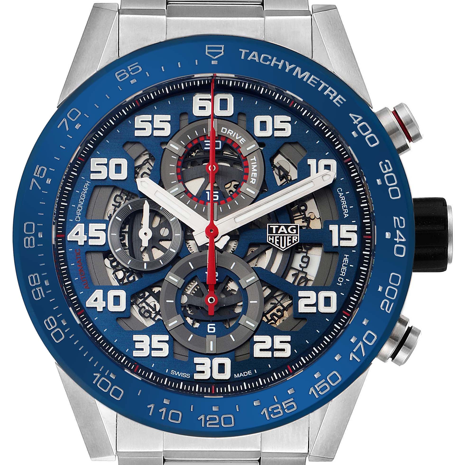 The image shows the dial and bezel of a Tag Heuer Carrera CAR2A1K.BA0703 Men's Stainless Steel Blue Dial CAR2A1K.BA0703 Men's Stainless Steel Blue Dial watch in a close-up frontal view.
