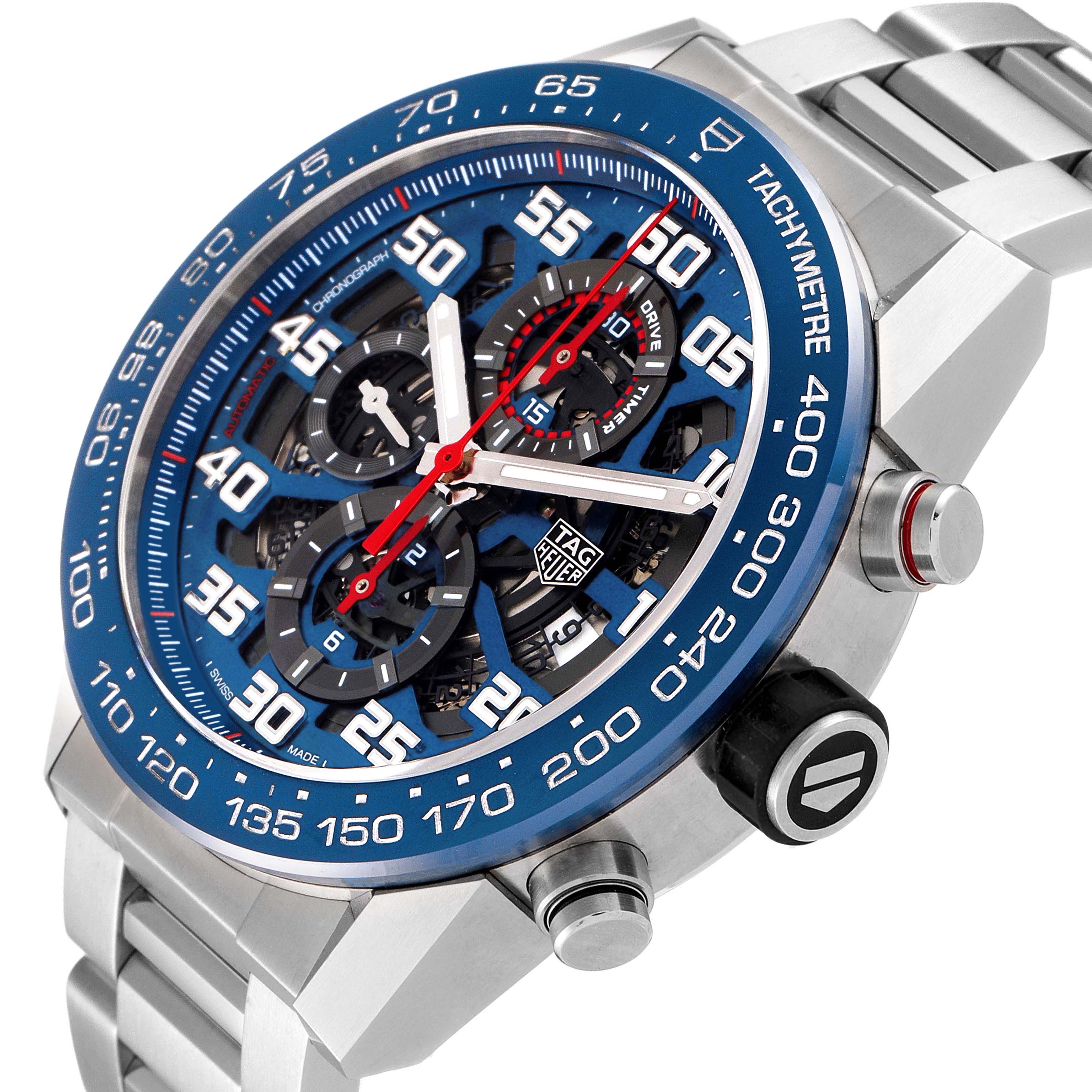 This image shows the face and side buttons of a Tag Heuer Carrera CAR2A1K.BA0703 Men's Stainless Steel Blue Dial CAR2A1K.BA0703 Men's Stainless Steel Blue Dial watch, viewed from a diagonal angle.