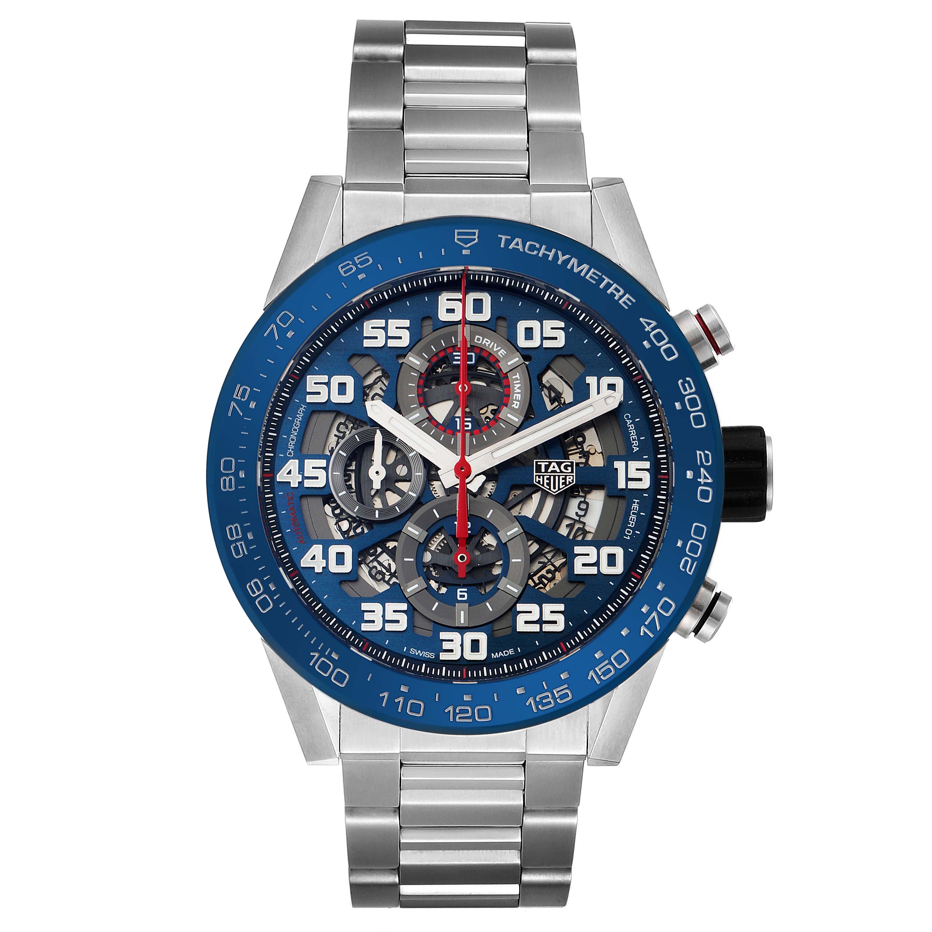 The image shows a front view of the Tag Heuer Carrera CAR2A1K.BA0703 Men's Stainless Steel Blue Dial CAR2A1K.BA0703 Men's Stainless Steel Blue Dial watch, showcasing its face, bezel, and stainless steel bracelet.
