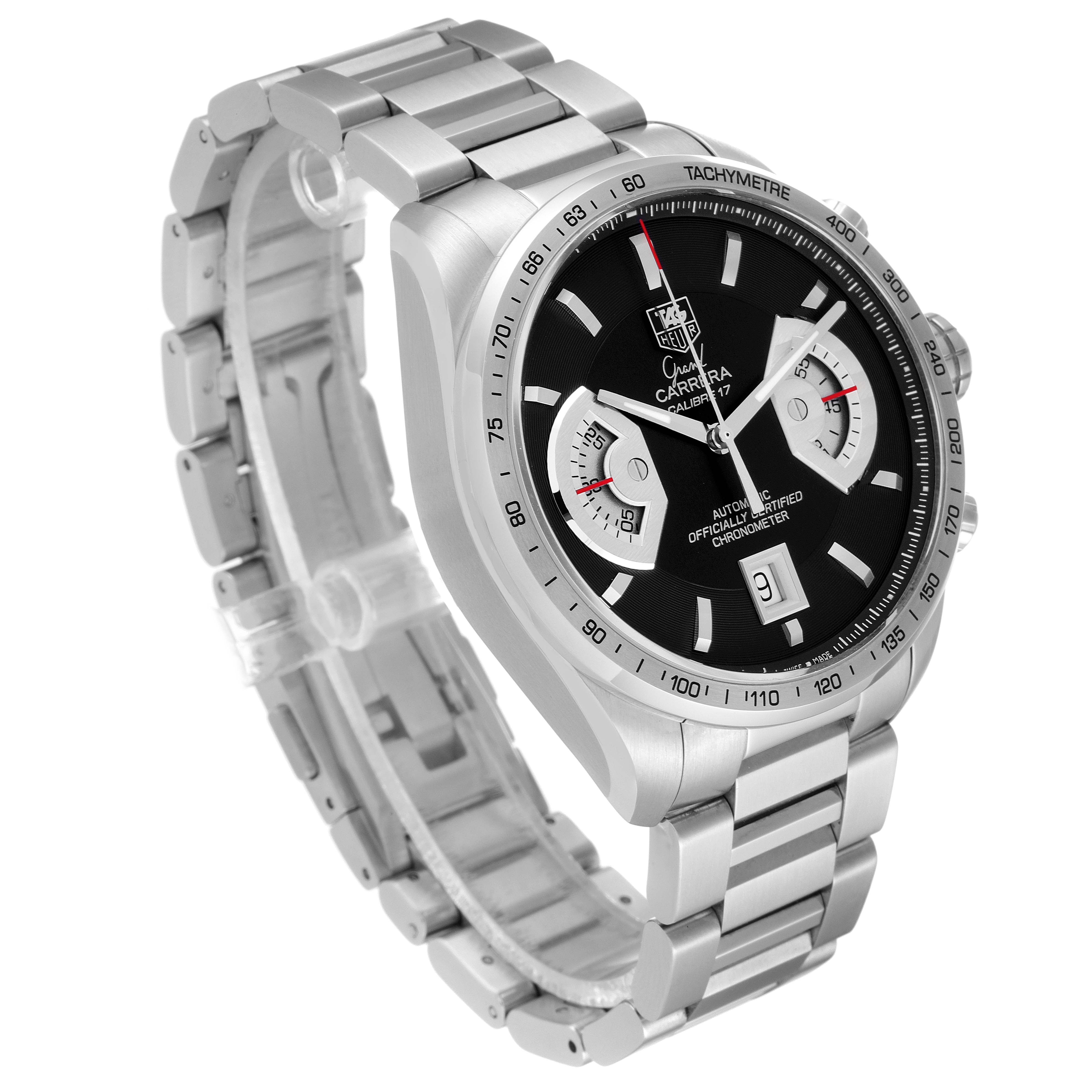 The image shows a Tag Heuer Carrera CAV511A Men
s Stainless Steel Black Dial CAV511A Men
s Stainless Steel Black Dial watch angled to display the face, bezel, and bracelet clearly.