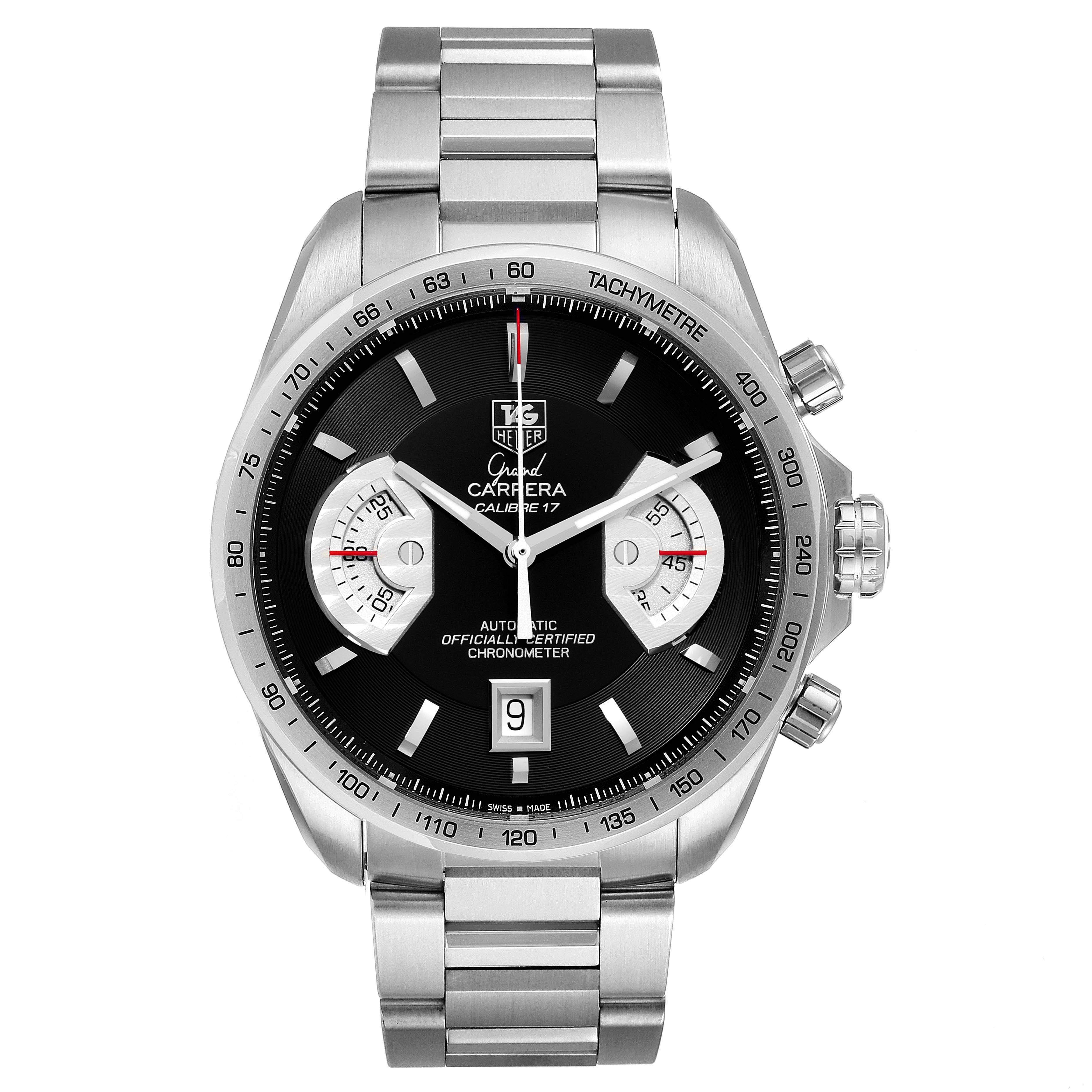 The image shows a front view of the Tag Heuer Carrera CAV511A Men
s Stainless Steel Black Dial CAV511A Men
s Stainless Steel Black Dial watch, featuring a stainless steel bracelet and tachymeter bezel.
