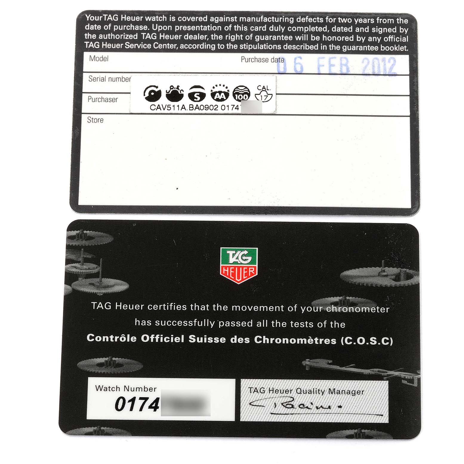 The image shows the warranty and certification cards for a Tag Heuer Carrera CAV511A Men
s Stainless Steel Black Dial CAV511A Men
s Stainless Steel Black Dial watch, with model, purchase date, and certification details visible.