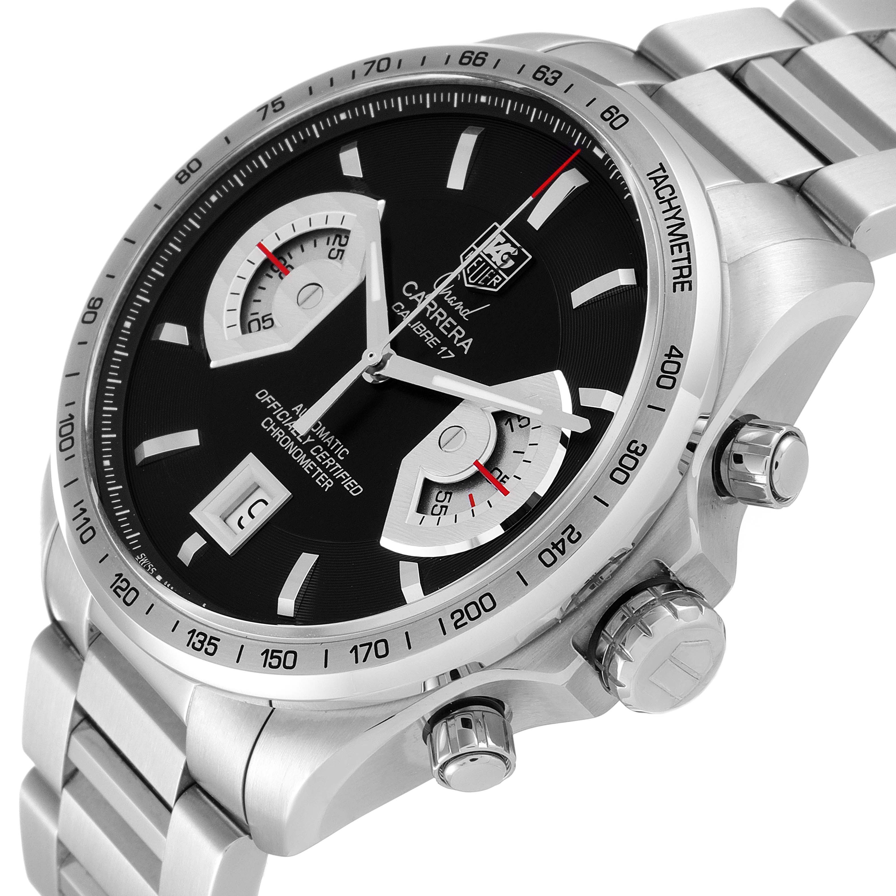 The image shows a close-up, angled view of the dial and crown of a Tag Heuer Carrera CAV511A Men
s Stainless Steel Black Dial CAV511A Men
s Stainless Steel Black Dial watch.